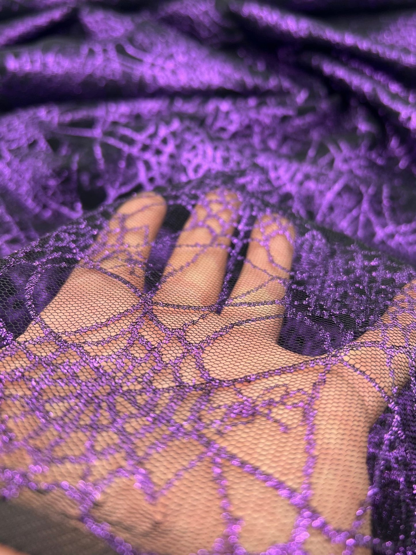 Purple Black Cobweb Halloween Print Mesh Fabric Stretch - T9 Fabrics