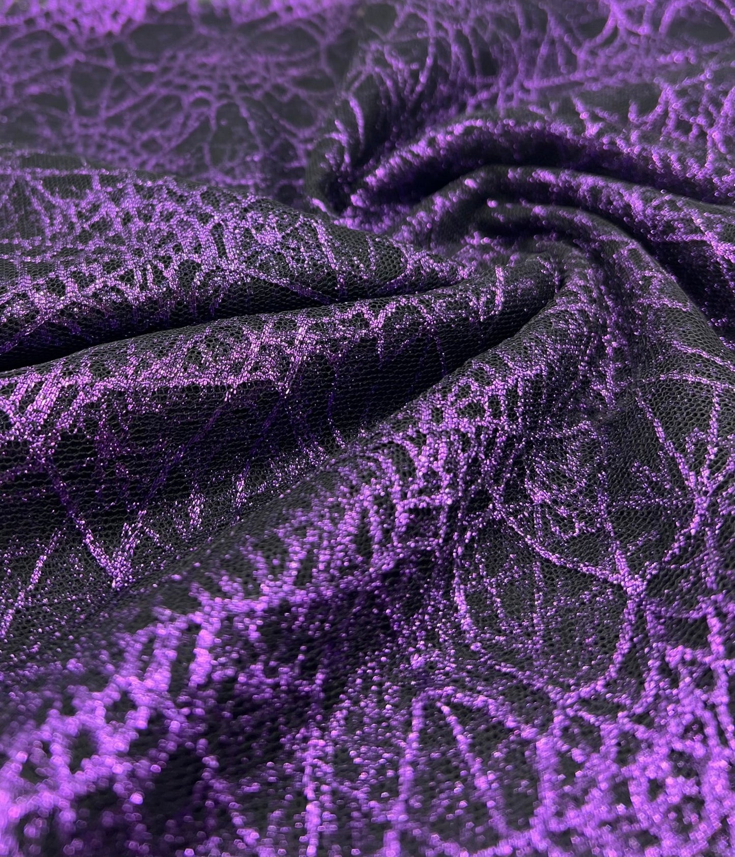 Purple Black Cobweb Halloween Print Mesh Fabric Stretch - T9 Fabrics