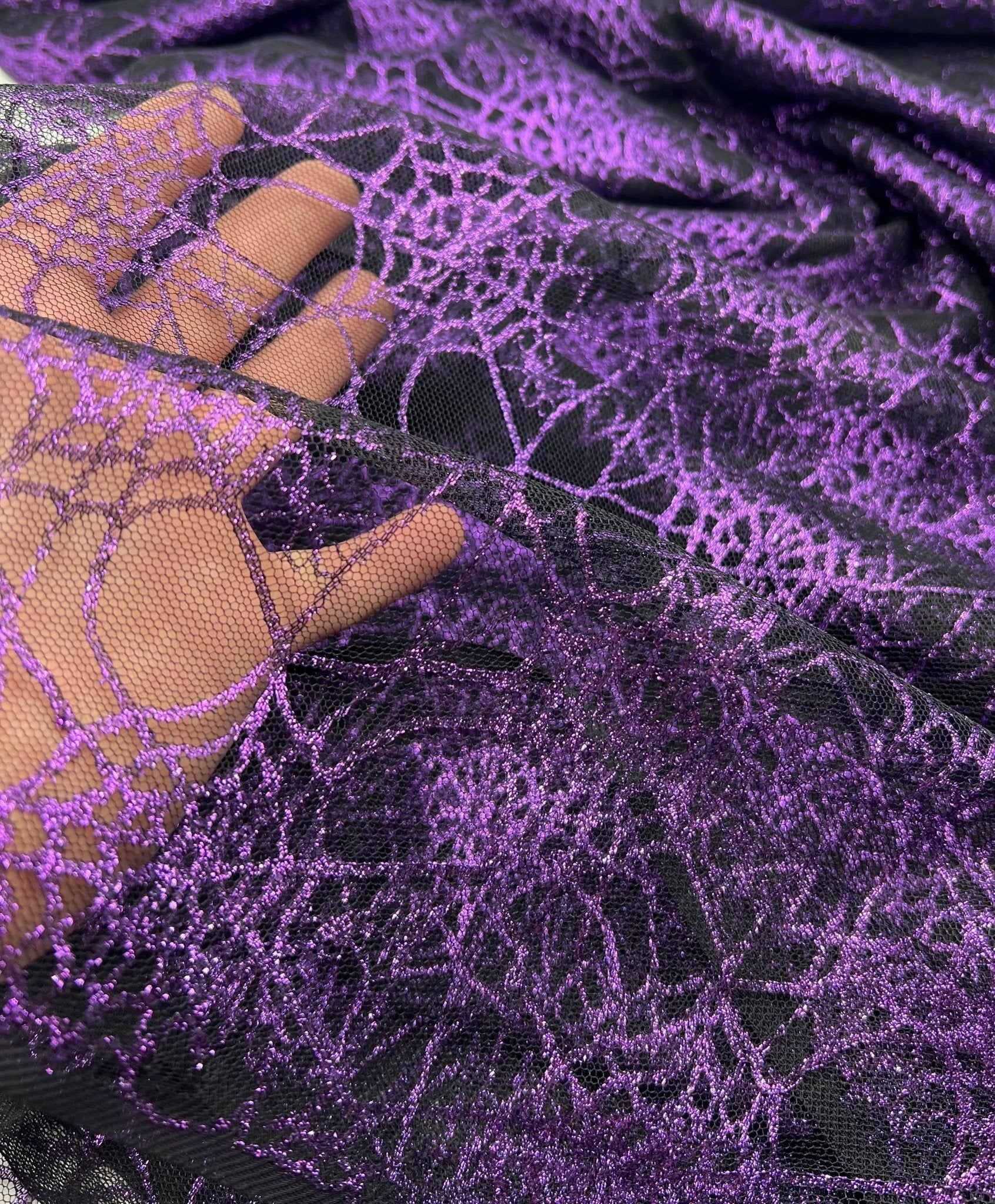 Purple Black Cobweb Halloween Print Mesh Fabric Stretch - T9 Fabrics