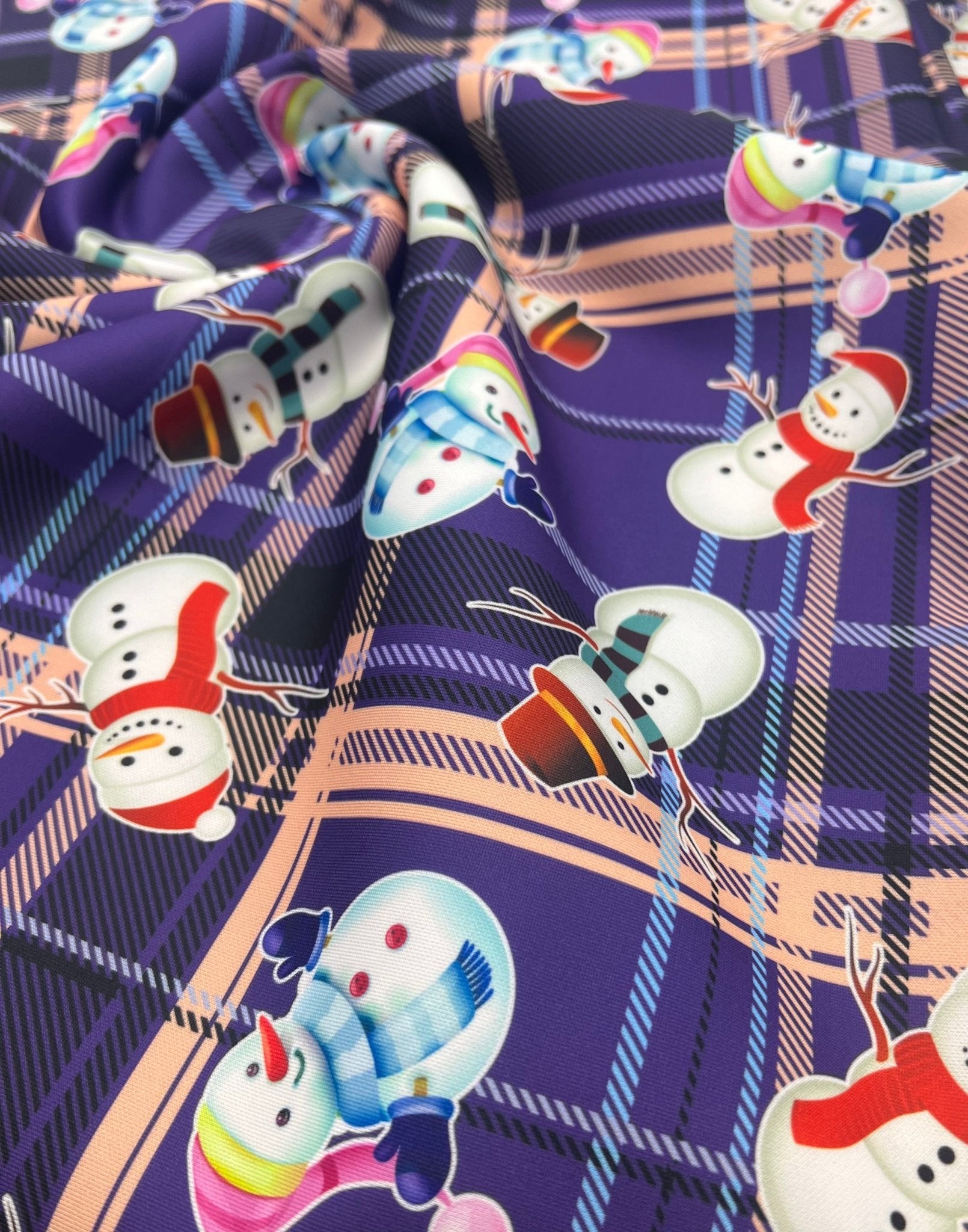 Purple Check Christmas Printed Plain Scuba Jersey Fabric - T9 Fabrics