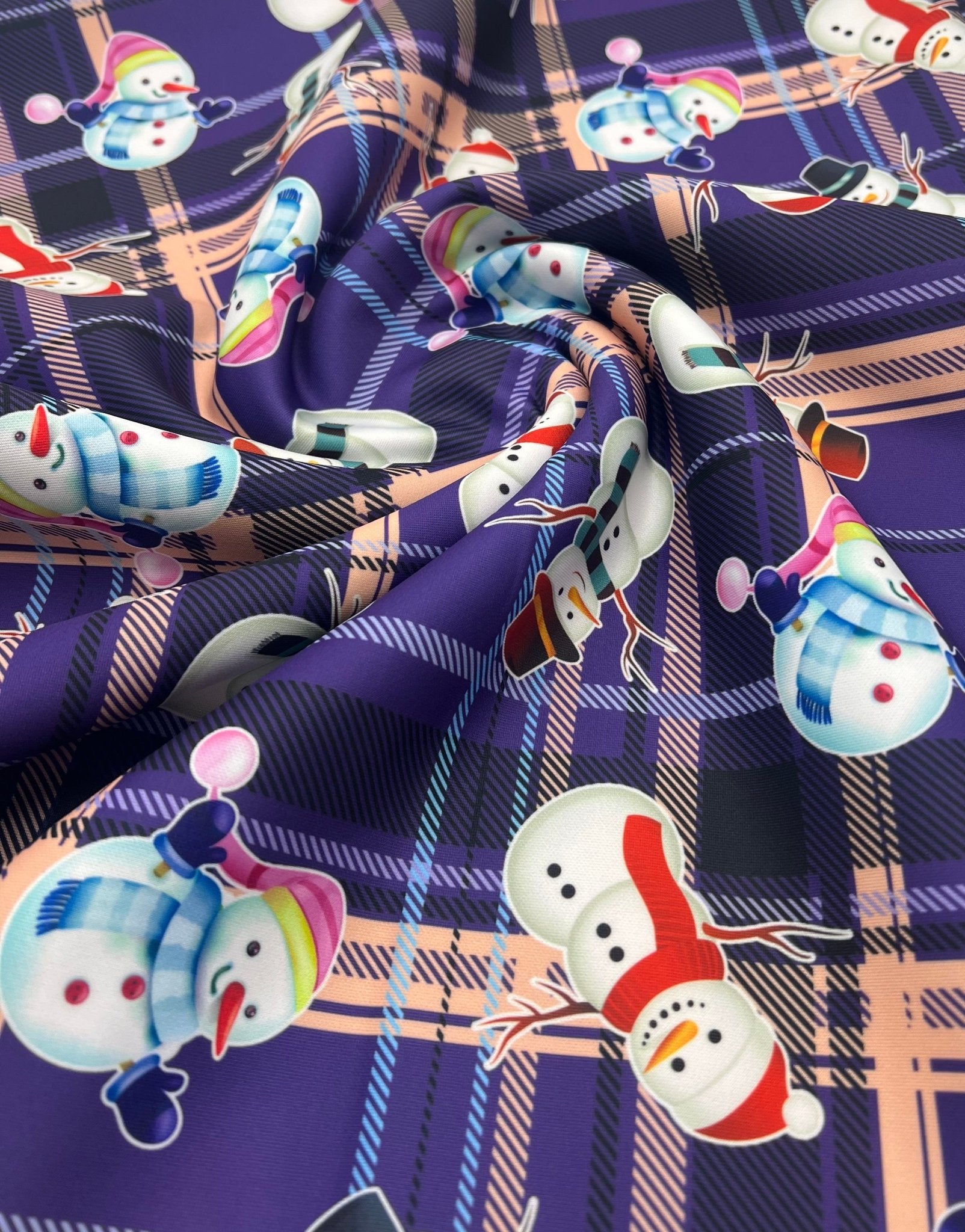Purple Check Christmas Printed Plain Scuba Jersey Fabric - T9 Fabrics