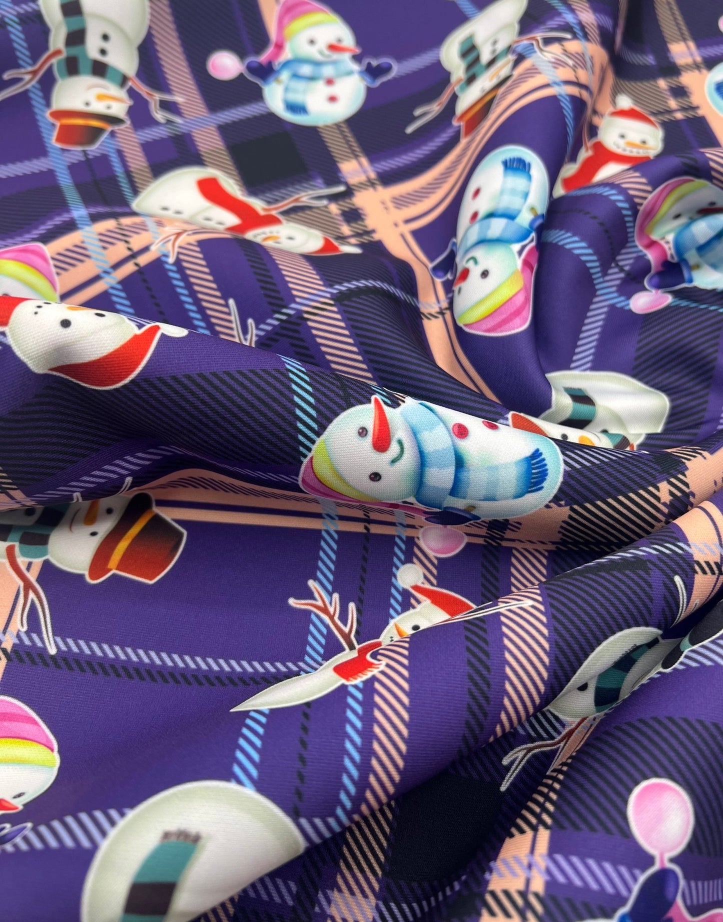 Purple Check Christmas Printed Plain Scuba Jersey Fabric - T9 Fabrics