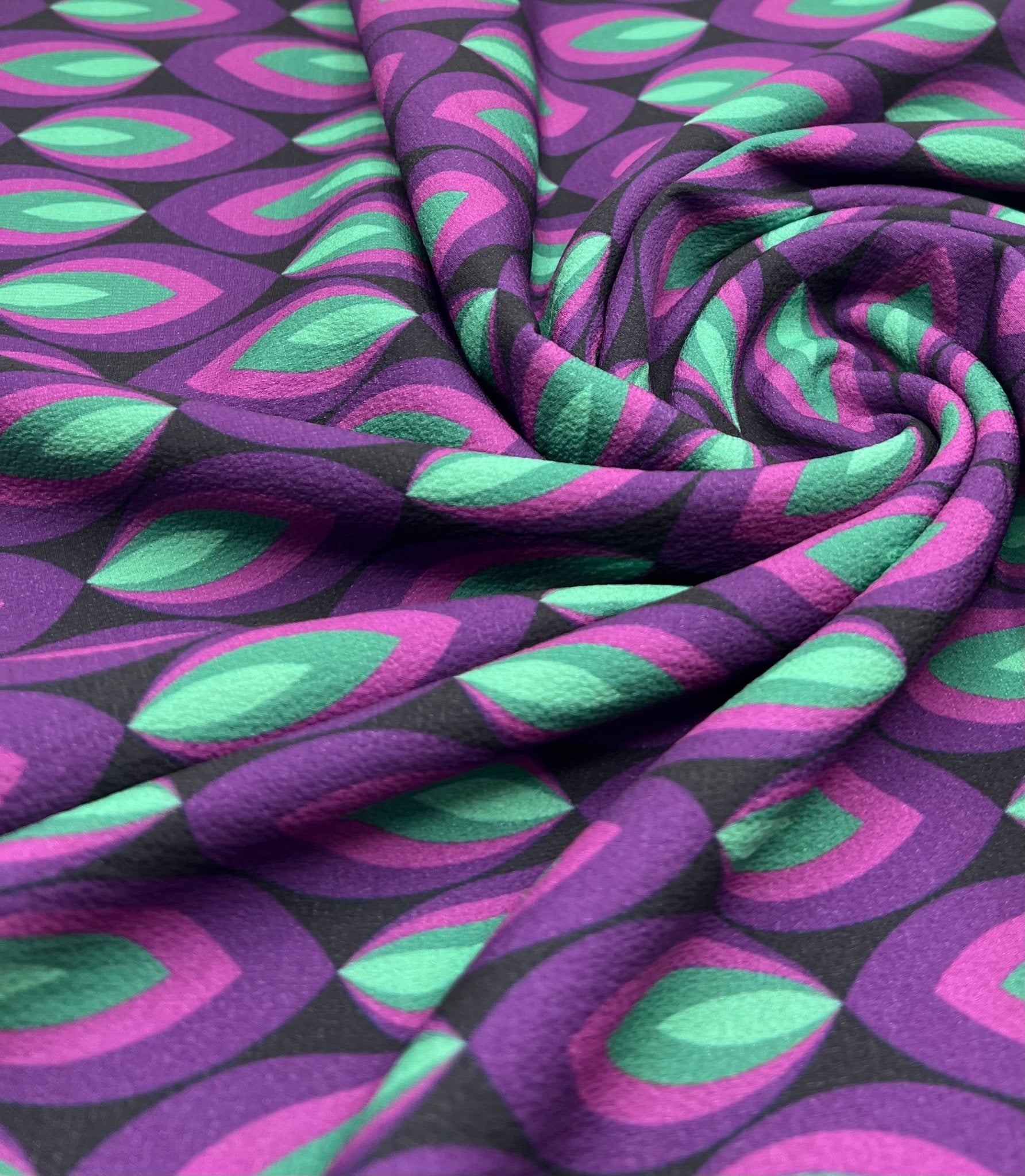 Purple Green Drop Print Lightweight Bubble Crepe Fabric - T9 Fabrics