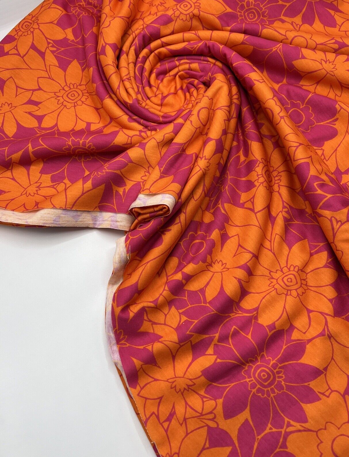 Purple Orange Floral Print Spun Poly Stretch Fabric - T9 Fabrics