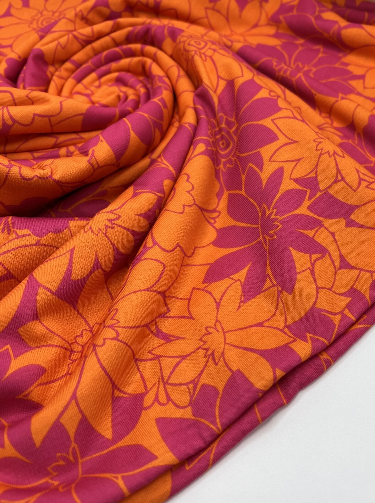 Purple Orange Floral Print Spun Poly Stretch Fabric - T9 Fabrics