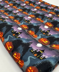 Purple Pumpkin Castle Print Spun Poly Stretch Fabric - T9 Fabrics