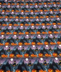 Purple Pumpkin Castle Print Spun Poly Stretch Fabric - T9 Fabrics