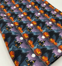 Purple Pumpkin Castle Print Spun Poly Stretch Fabric - T9 Fabrics