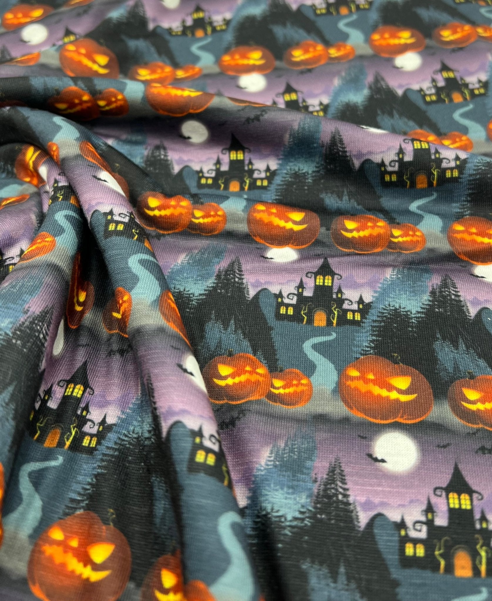 Purple Pumpkin Castle Print Spun Poly Stretch Fabric - T9 Fabrics