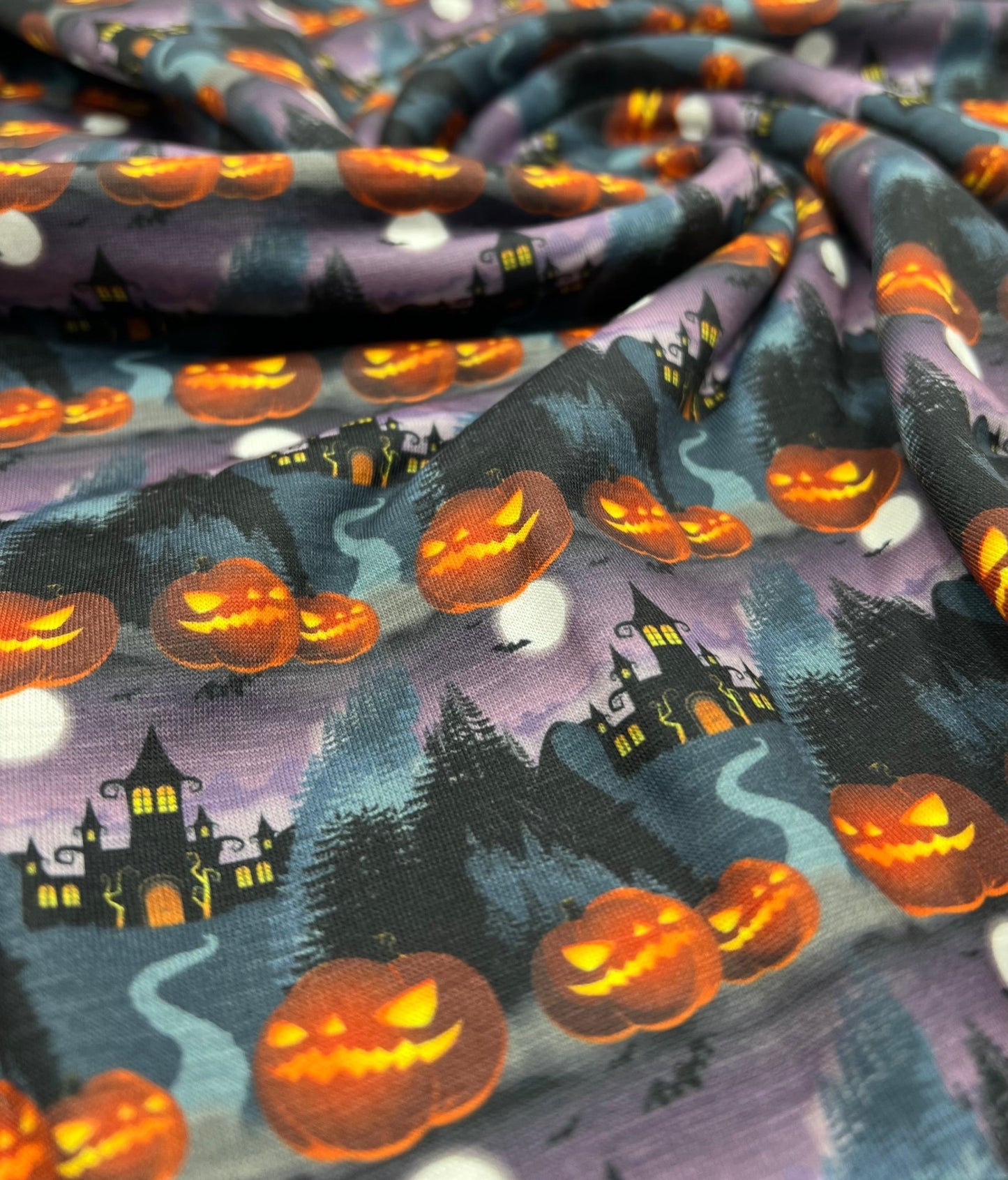 Purple Pumpkin Castle Print Spun Poly Stretch Fabric - T9 Fabrics
