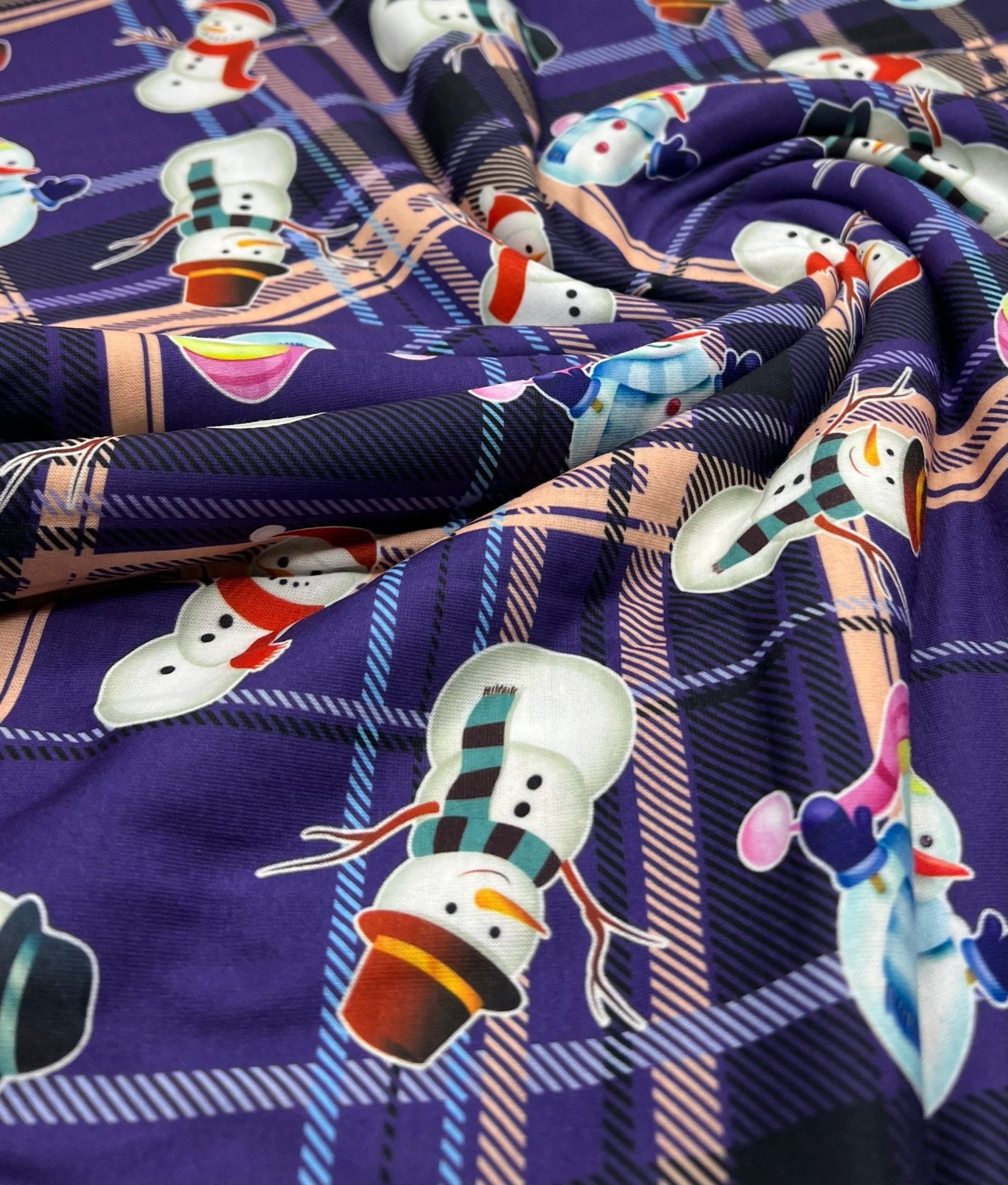 Purple Tartan Snowman Print Soft Spun Poly Stretch Fabric - T9 Fabrics
