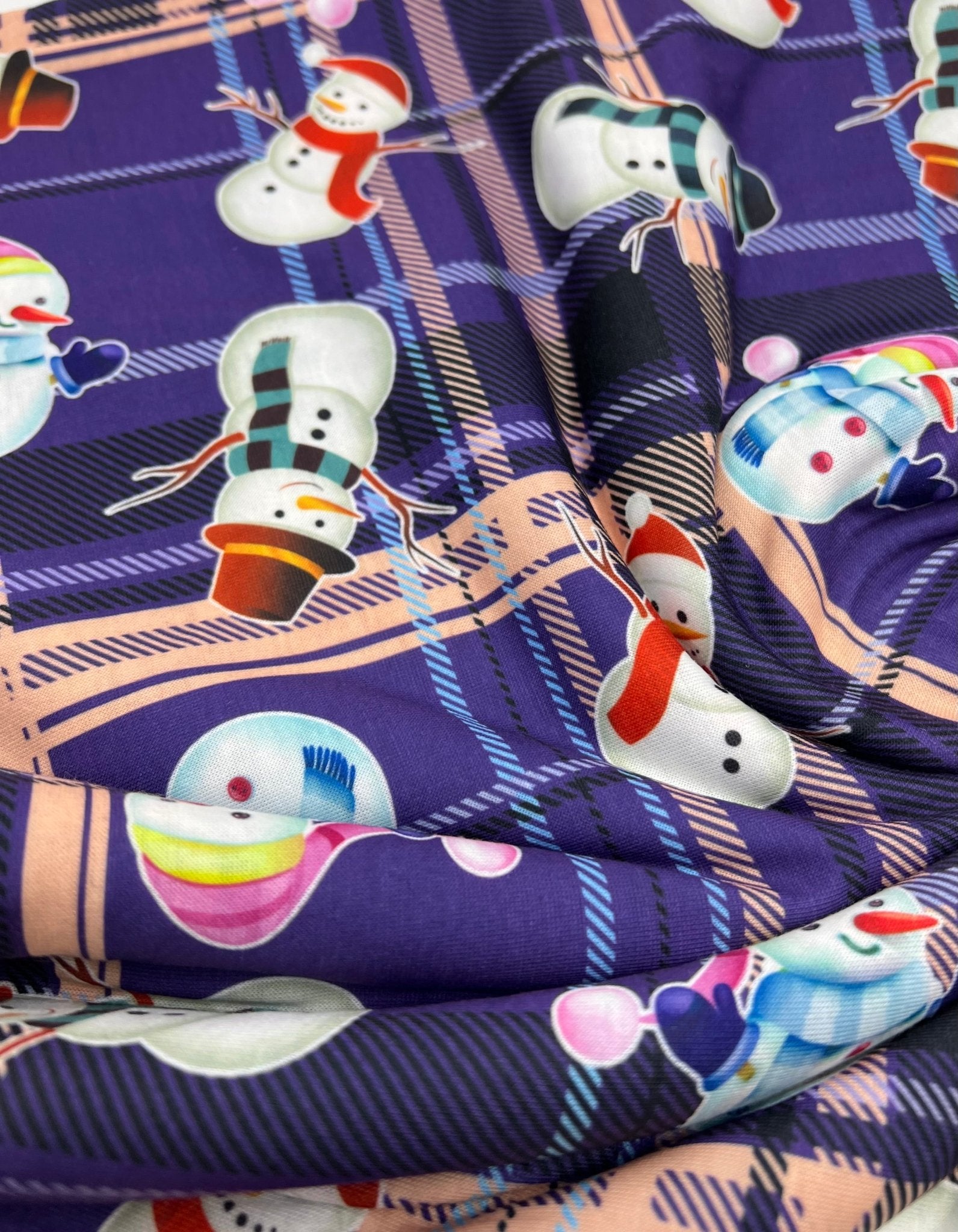 Purple Tartan Snowman Print Soft Spun Poly Stretch Fabric - T9 Fabrics