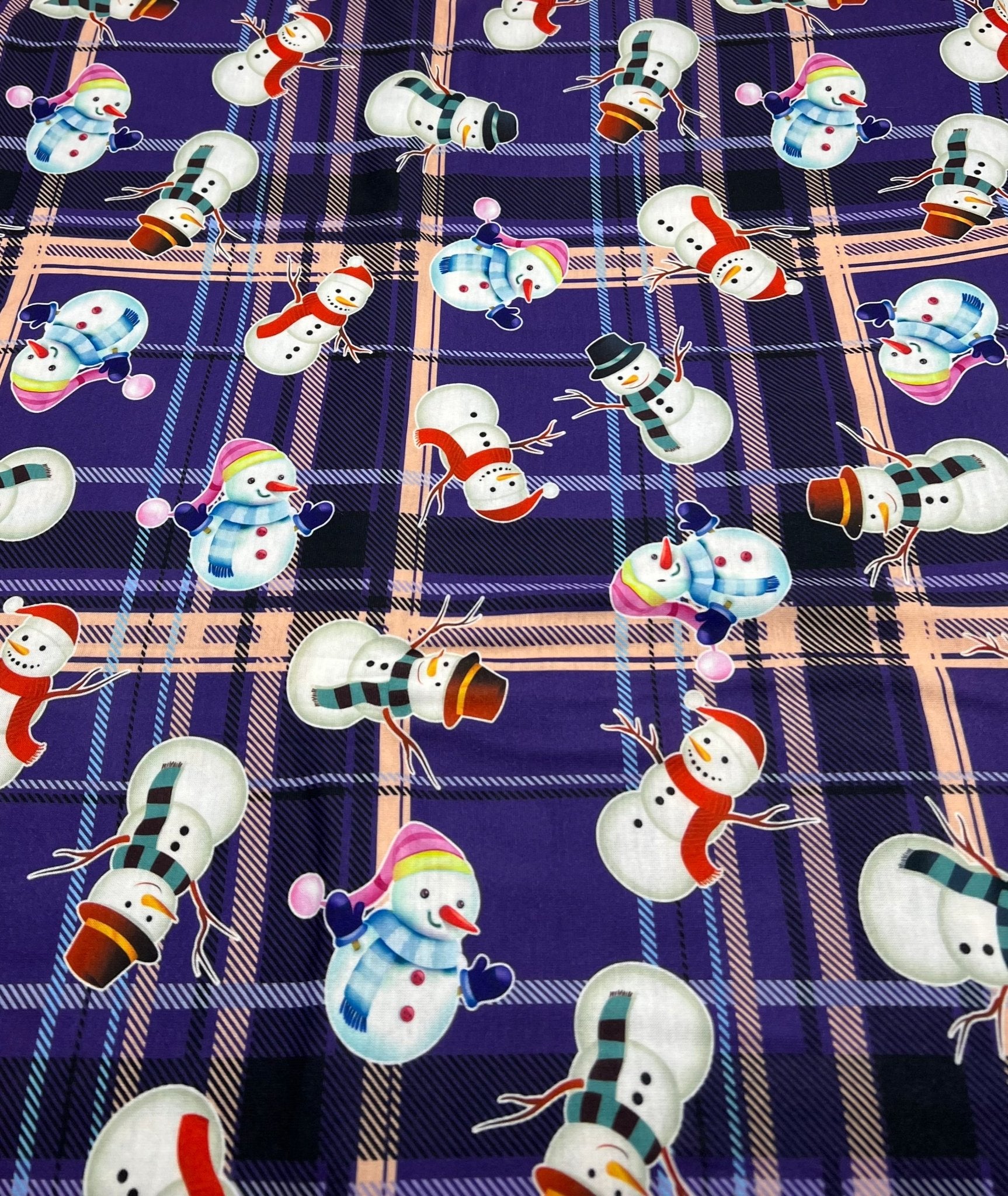 Purple Tartan Snowman Print Soft Spun Poly Stretch Fabric - T9 Fabrics