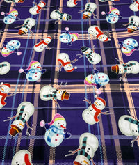 Purple Tartan Snowman Print Soft Spun Poly Stretch Fabric - T9 Fabrics