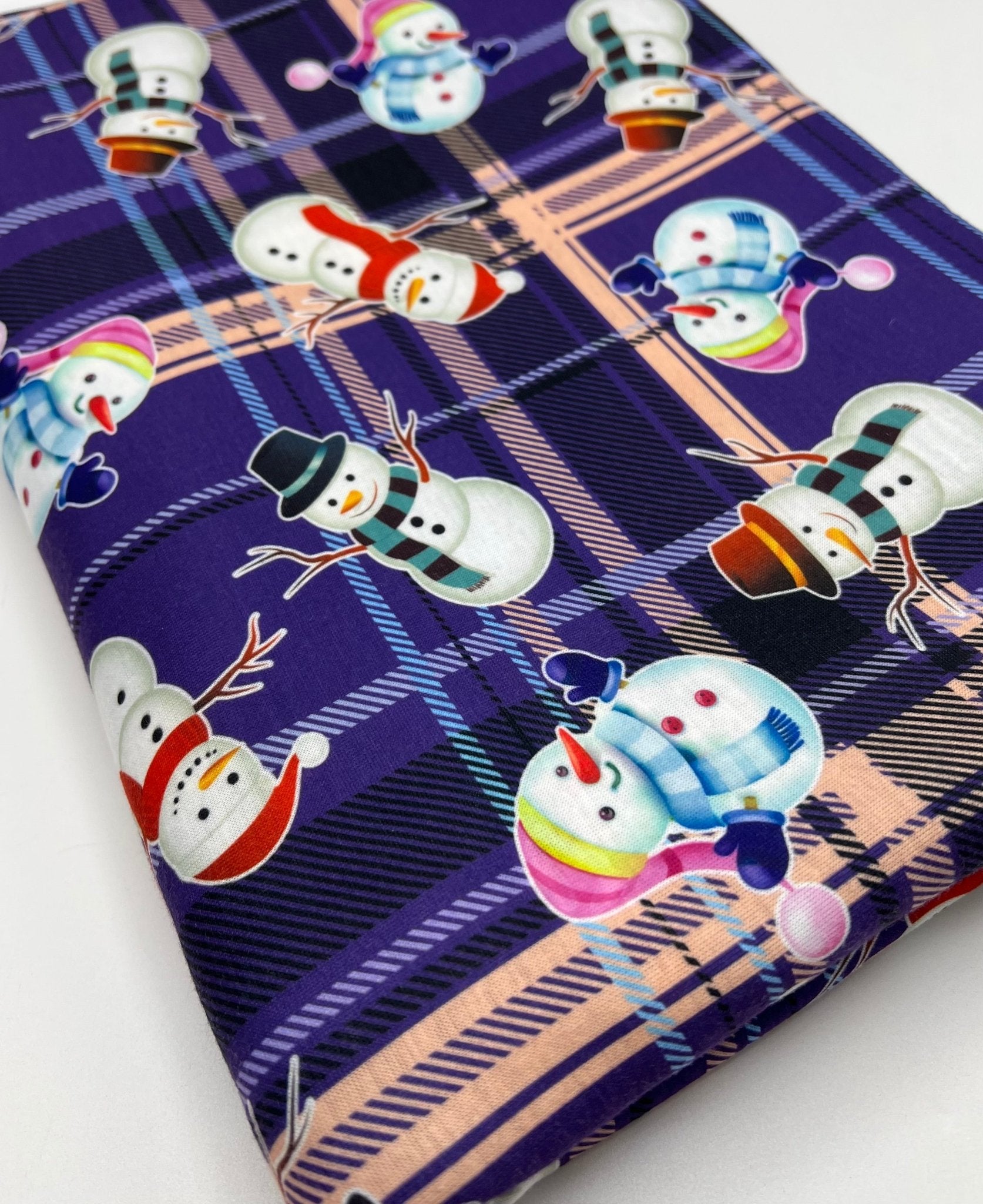 Purple Tartan Snowman Print Soft Spun Poly Stretch Fabric - T9 Fabrics