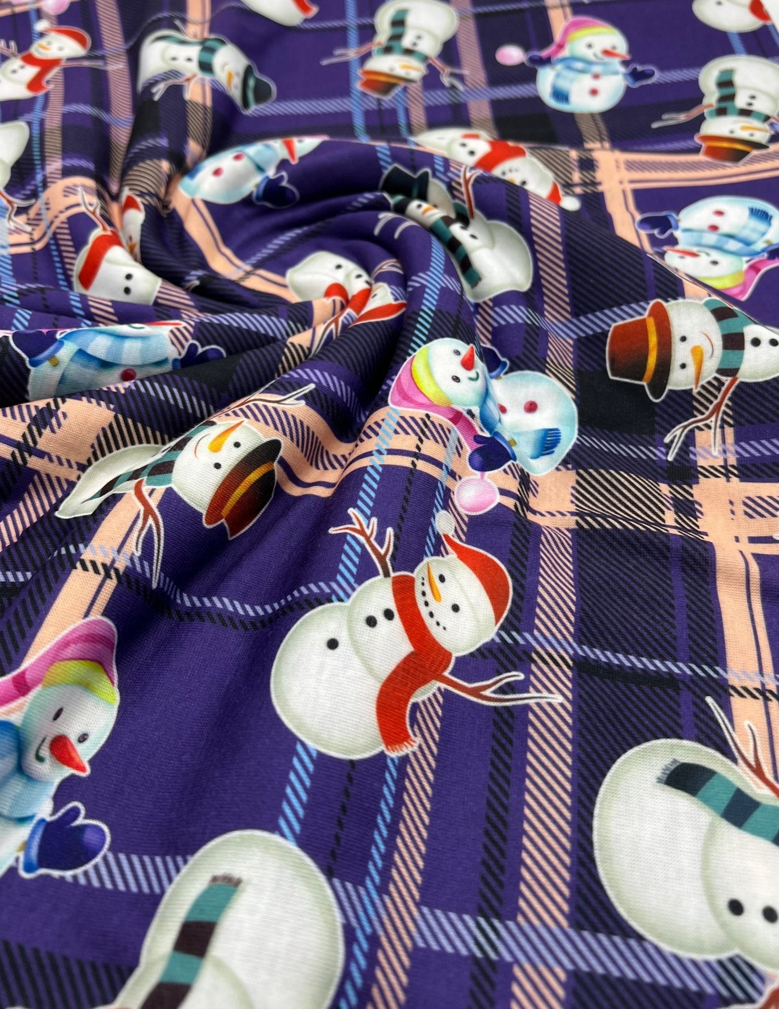 Purple Tartan Snowman Print Soft Spun Poly Stretch Fabric - T9 Fabrics