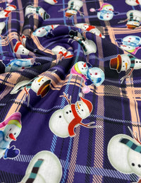 Purple Tartan Snowman Print Soft Spun Poly Stretch Fabric - T9 Fabrics
