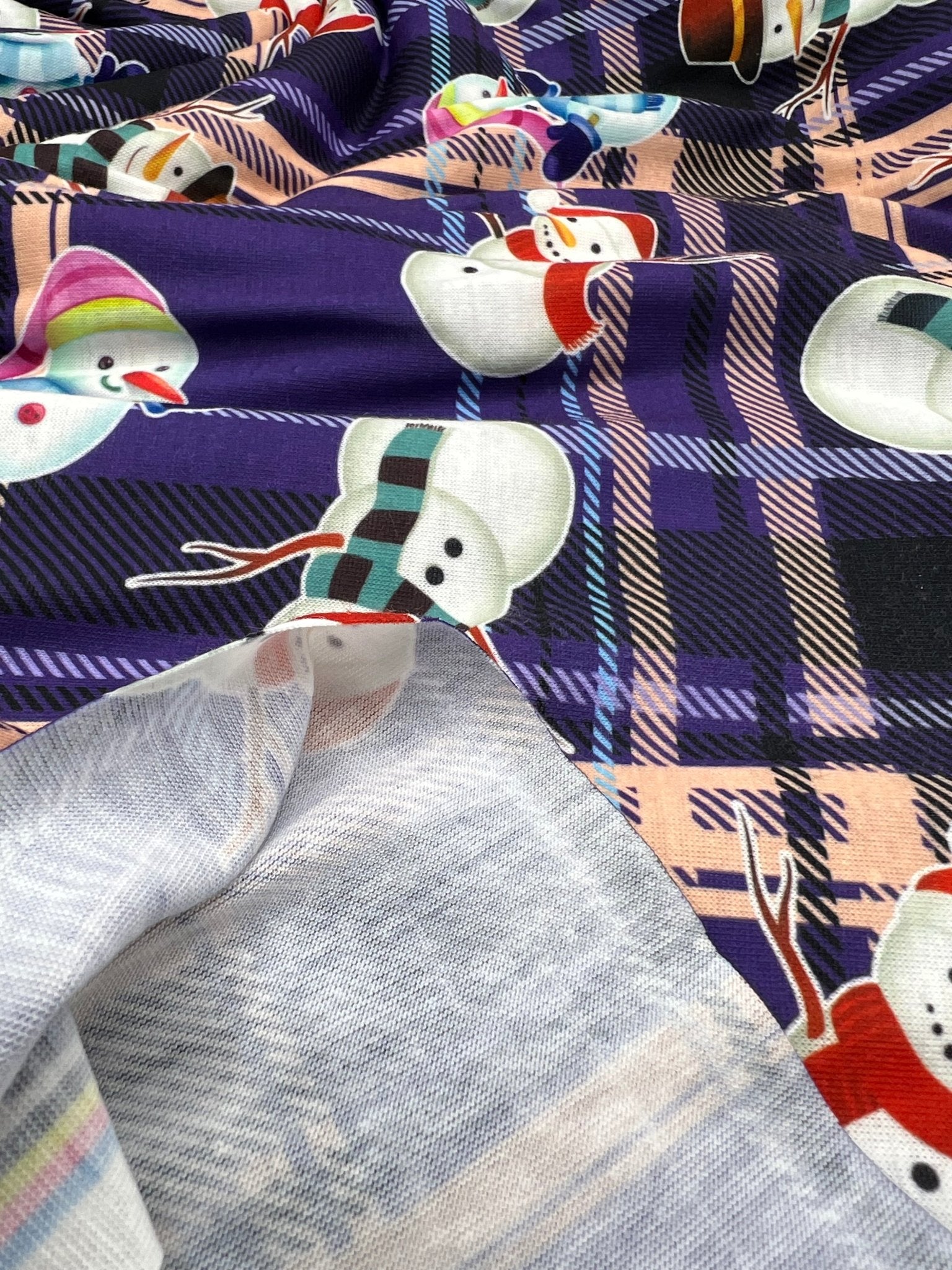 Purple Tartan Snowman Print Soft Spun Poly Stretch Fabric - T9 Fabrics