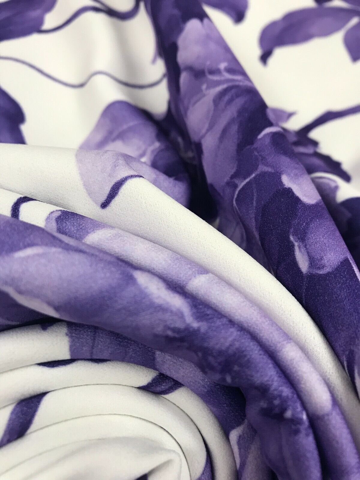 Purple & White Floral Printed Scuba Crepe Jersey Fabric 4 Way Stretch - T9 Fabrics