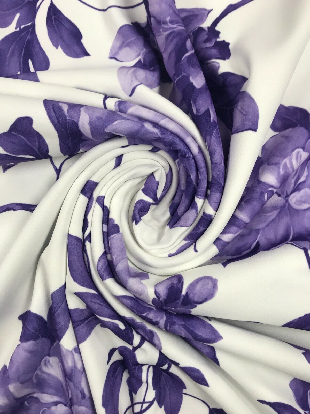 Purple & White Floral Printed Scuba Crepe Jersey Fabric 4 Way Stretch - T9 Fabrics