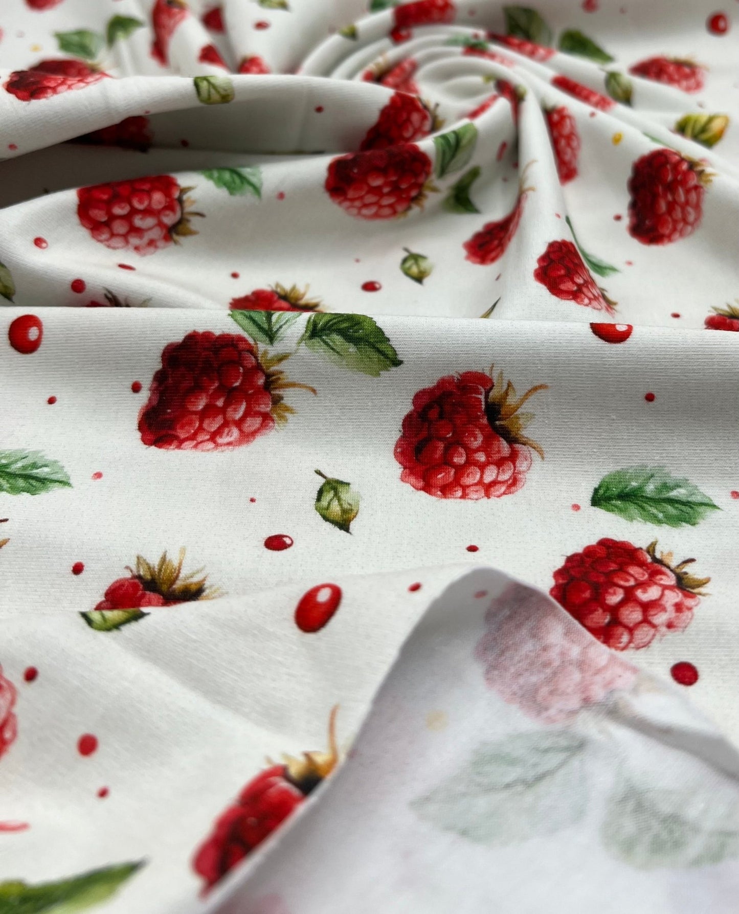 Raspberries Print Cotton Stretch Jersey 200 GSM 95/5 Lycra 4 Way Stretch - T9 Fabrics