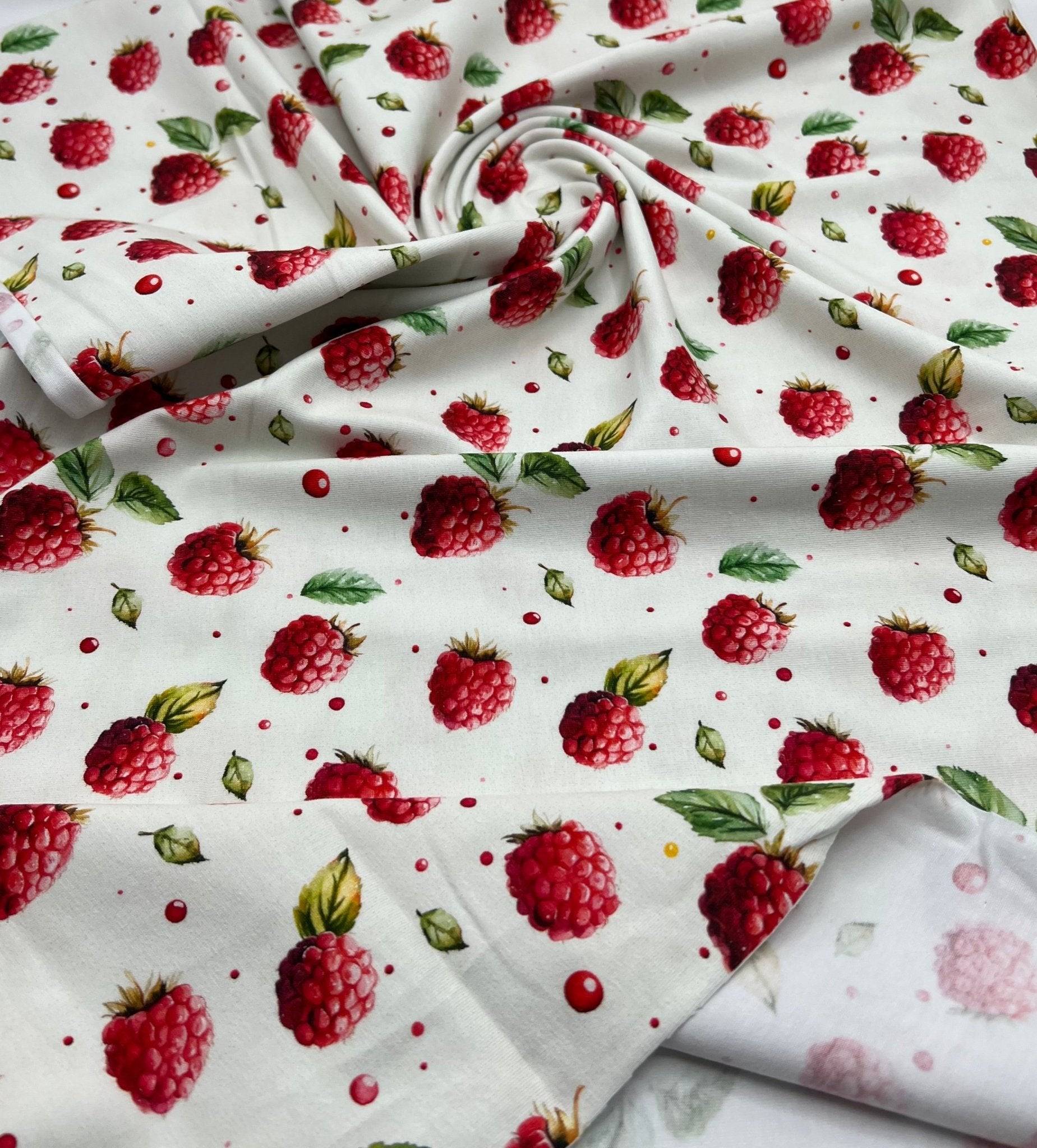 Raspberries Print Cotton Stretch Jersey 200 GSM 95/5 Lycra 4 Way Stretch - T9 Fabrics
