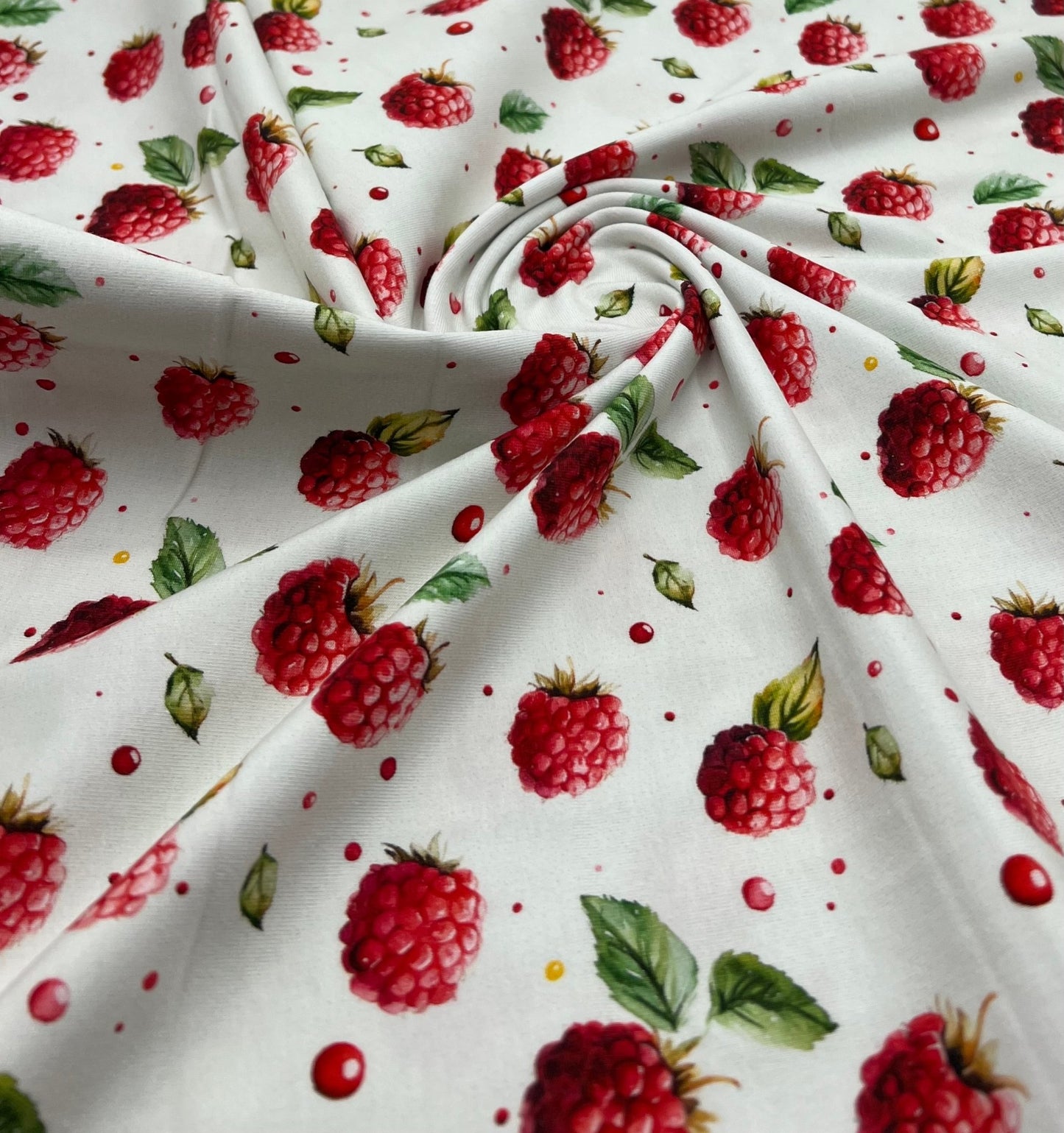 Raspberries Print Cotton Stretch Jersey 200 GSM 95/5 Lycra 4 Way Stretch - T9 Fabrics