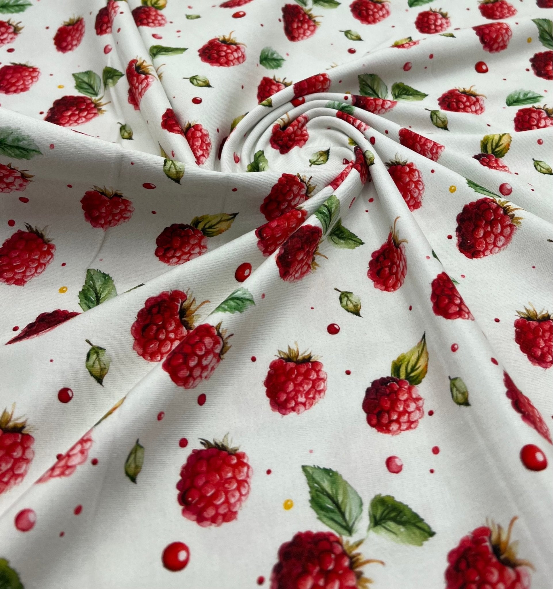 Raspberries Print Cotton Stretch Jersey 200 GSM 95/5 Lycra 4 Way Stretch - T9 Fabrics