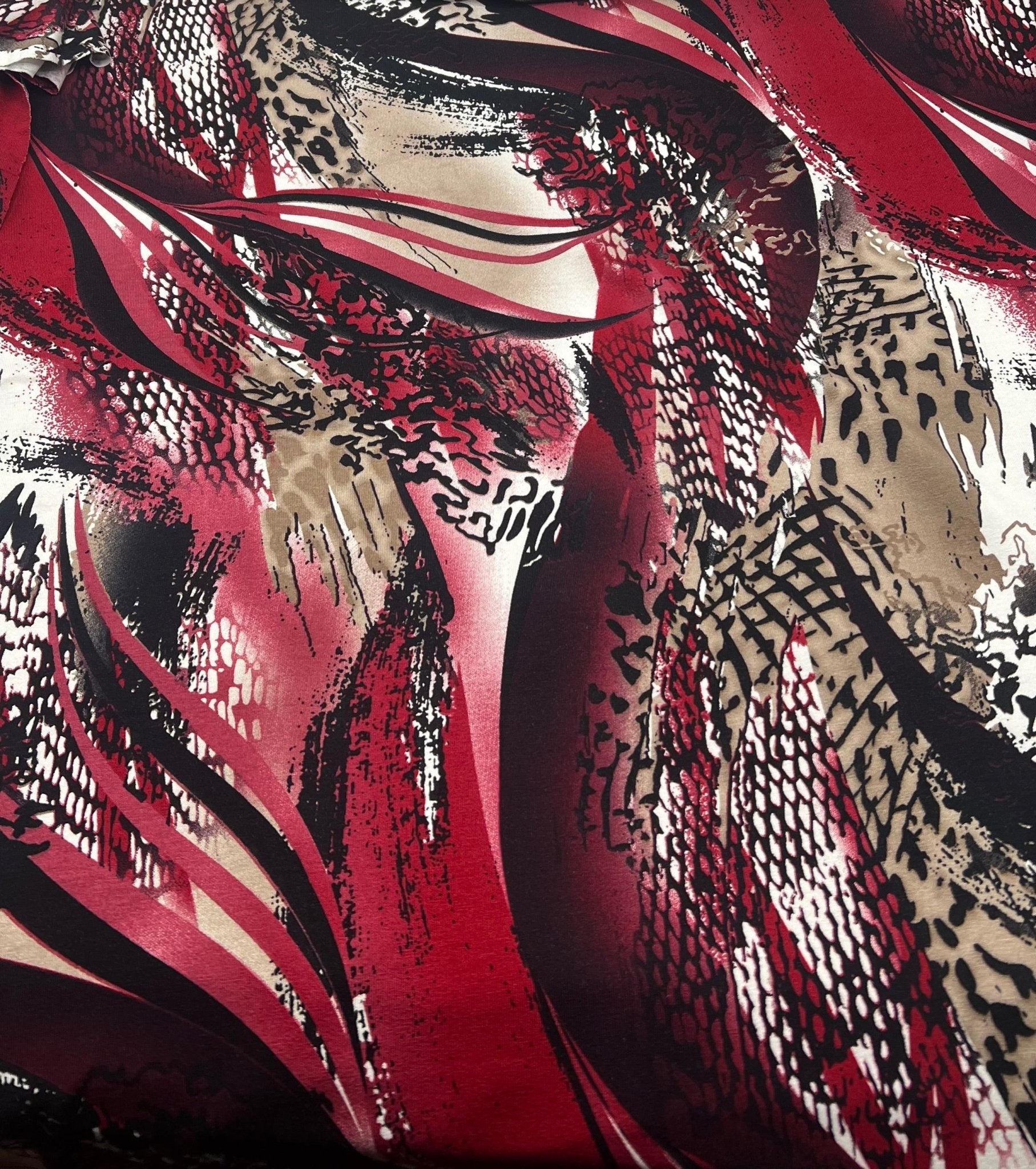 Red Animal Mix Print Viscose Elastane 4 Way Stretch Fabric - T9 Fabrics