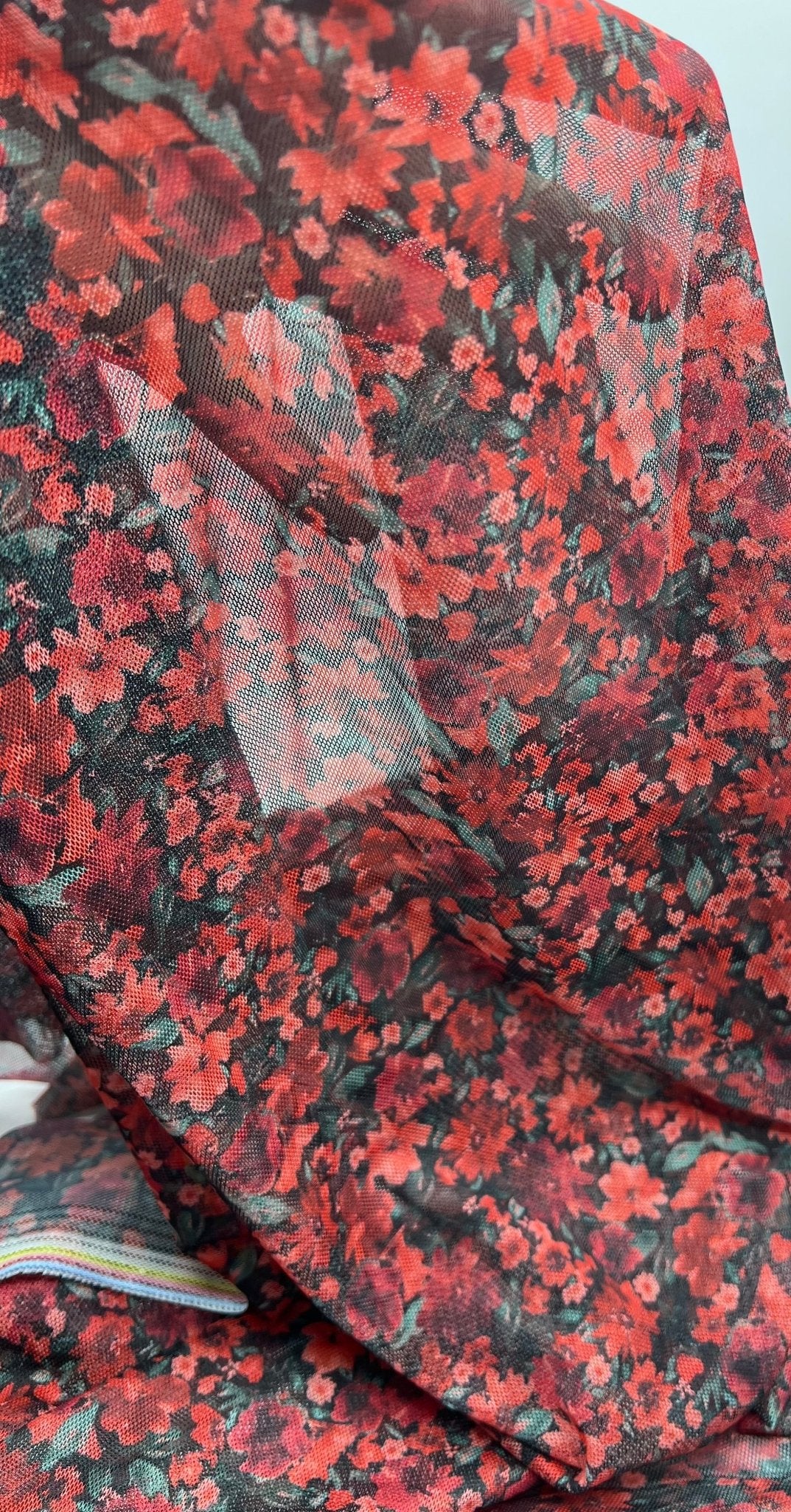 Red Black Ditsy Floral Mix Mesh Fabric Stretch - T9 Fabrics