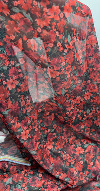 Red Black Ditsy Floral Mix Mesh Fabric Stretch - T9 Fabrics