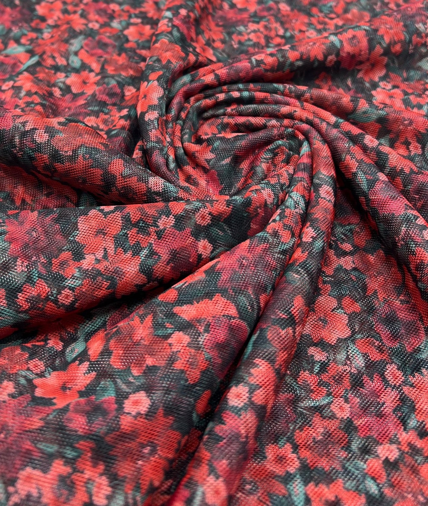 Red Black Ditsy Floral Mix Mesh Fabric Stretch - T9 Fabrics