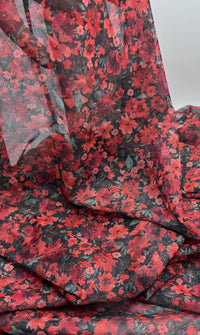 Red Black Ditsy Floral Mix Mesh Fabric Stretch - T9 Fabrics