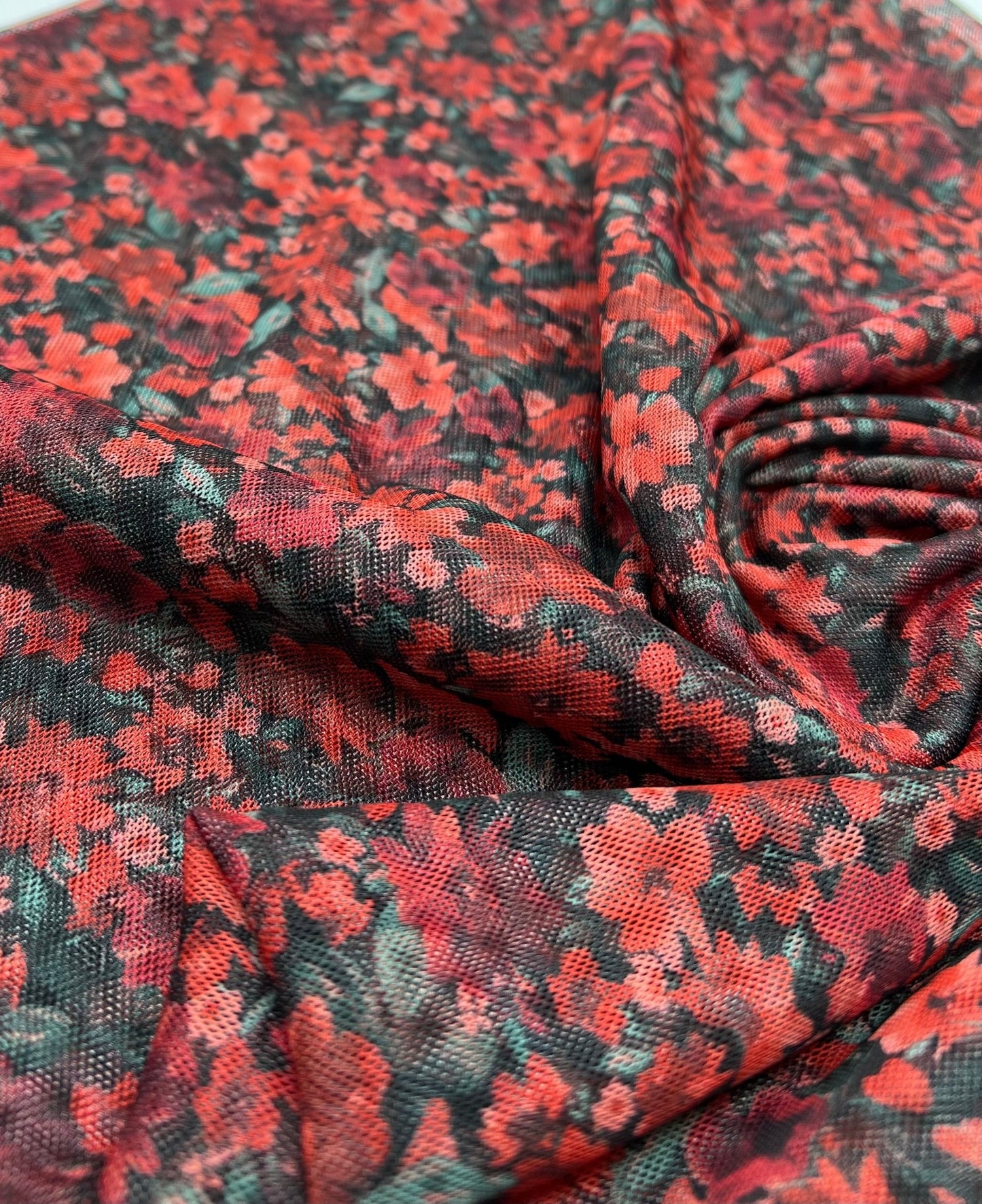 Red Black Ditsy Floral Mix Mesh Fabric Stretch - T9 Fabrics