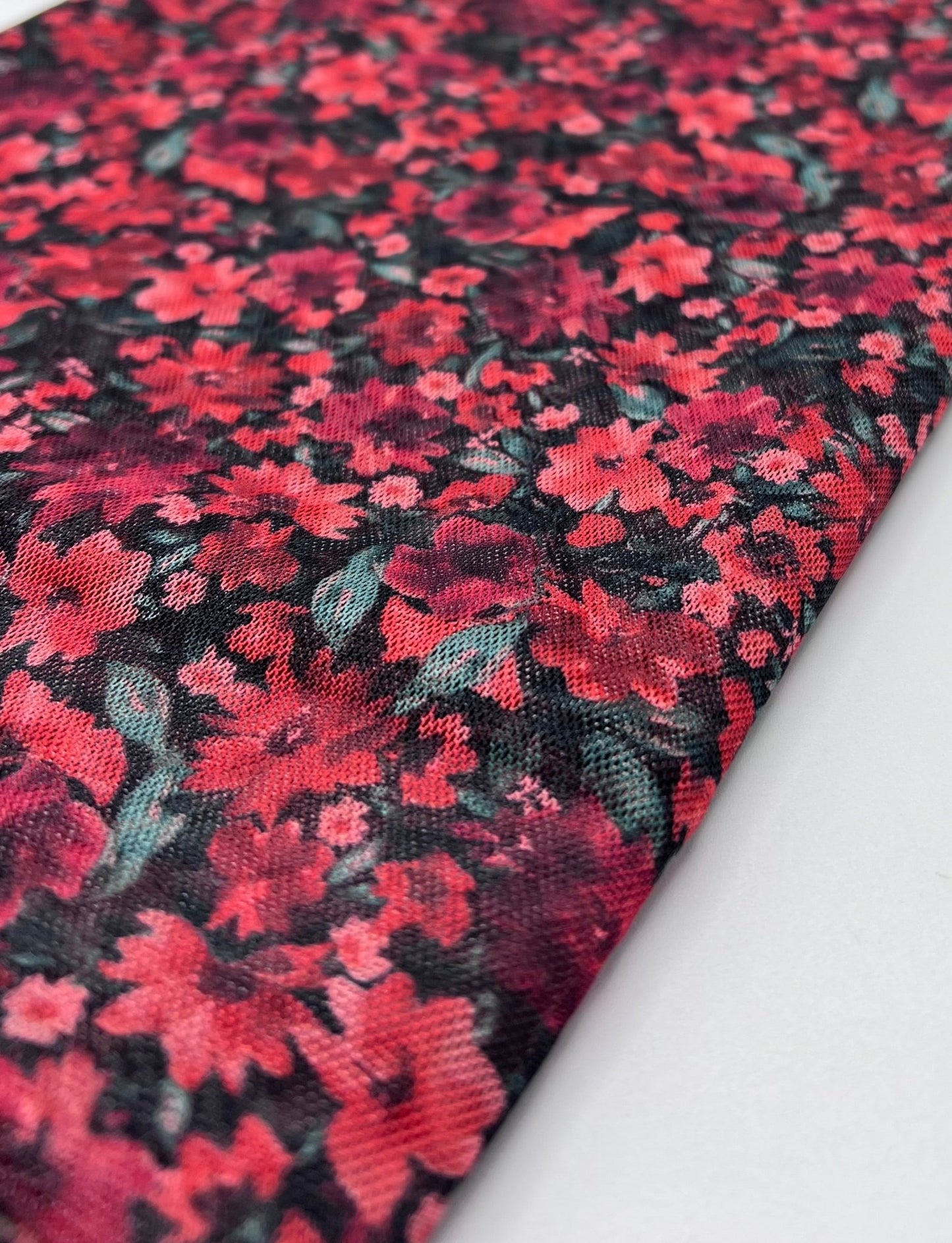 Red Black Ditsy Floral Mix Mesh Fabric Stretch - T9 Fabrics