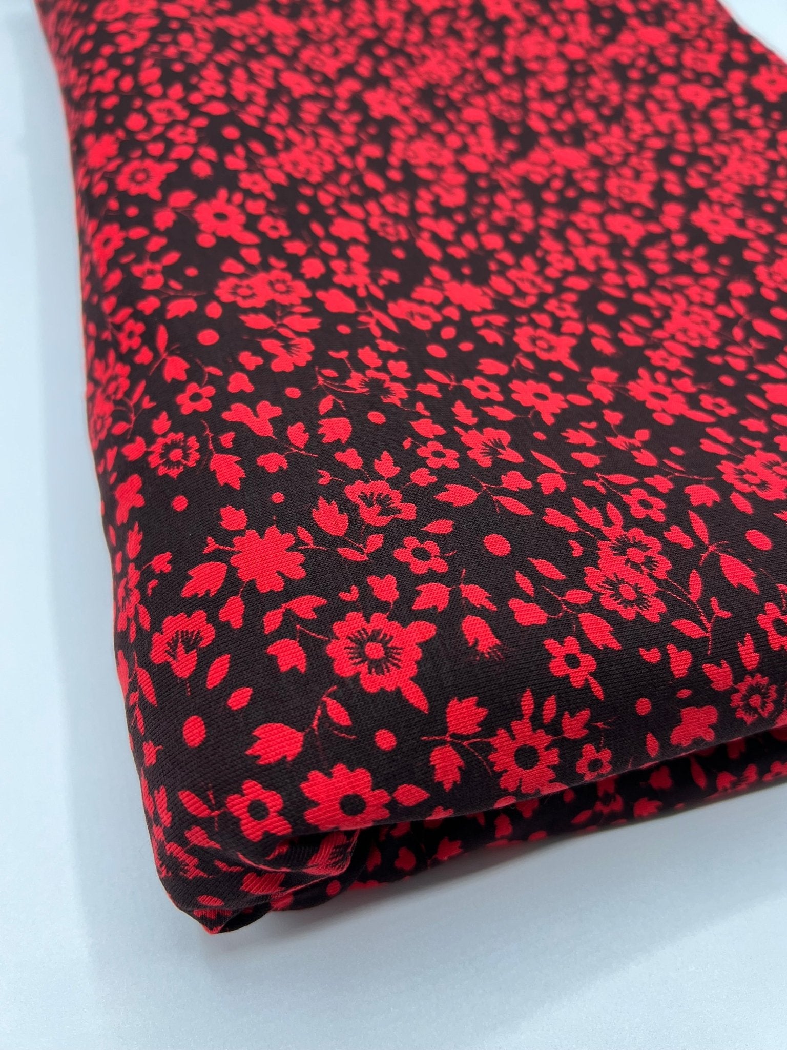 Red Black Floral Viscose Elastane Fabric - T9 Fabrics