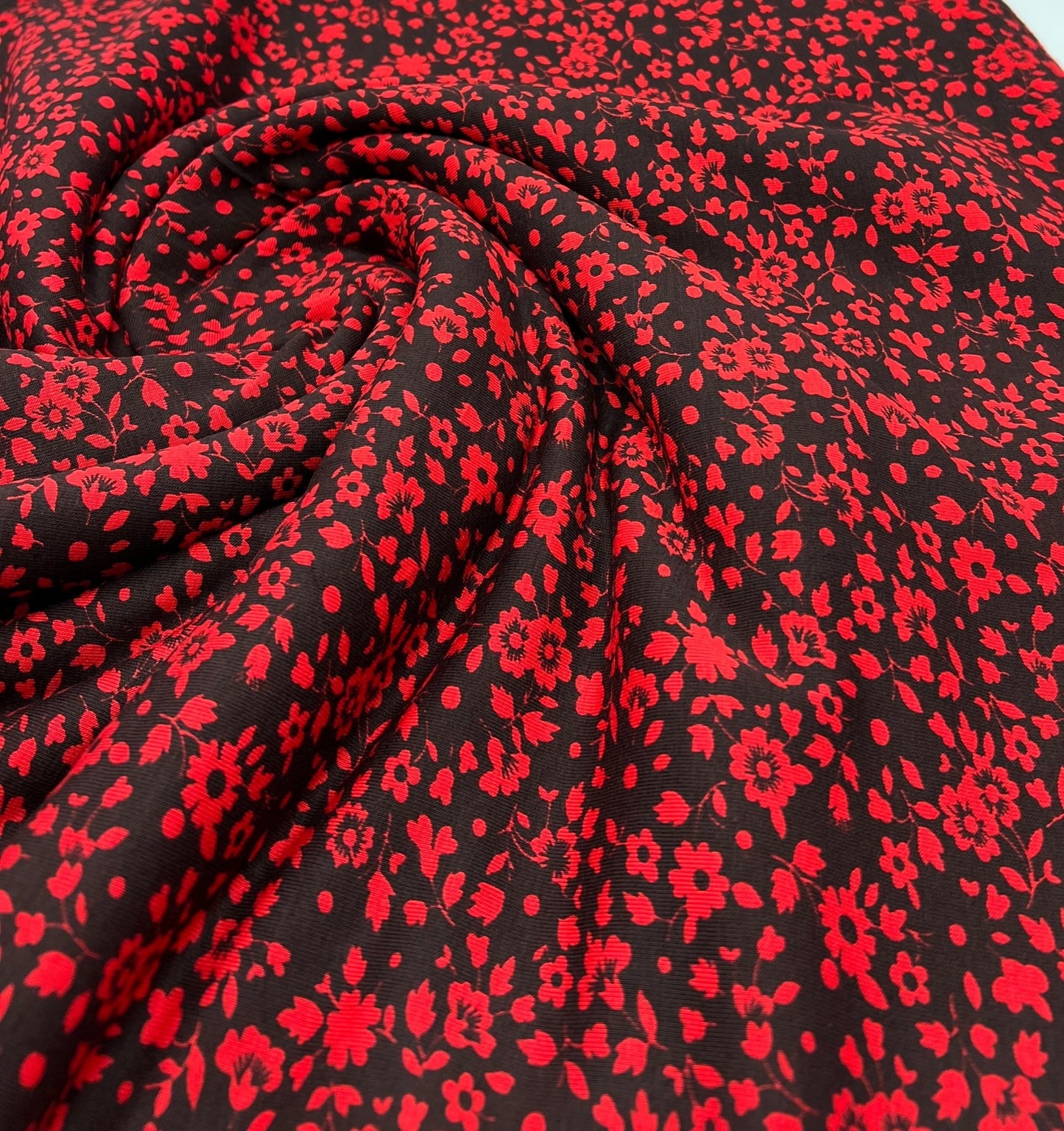 Red Black Floral Viscose Elastane Fabric - T9 Fabrics