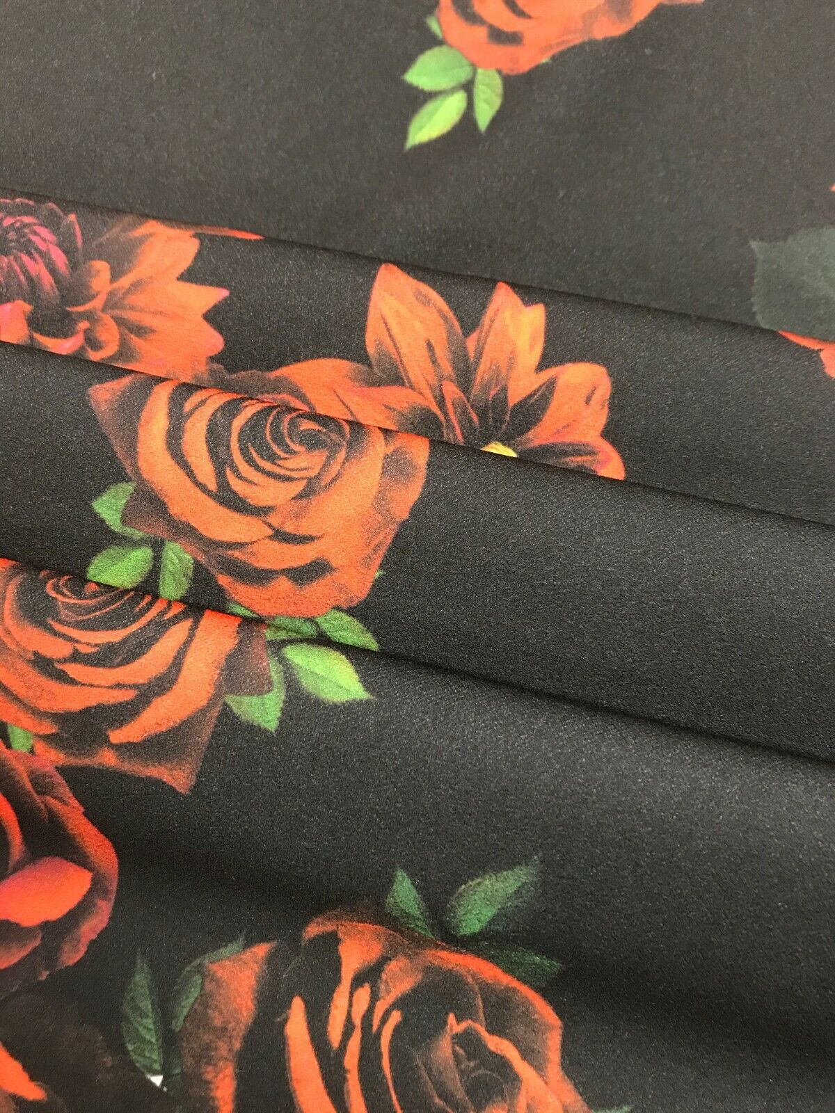 Red & Black Rose Printed Scuba Crepe Jersey Fabric 4 Way Stretch - T9 Fabrics