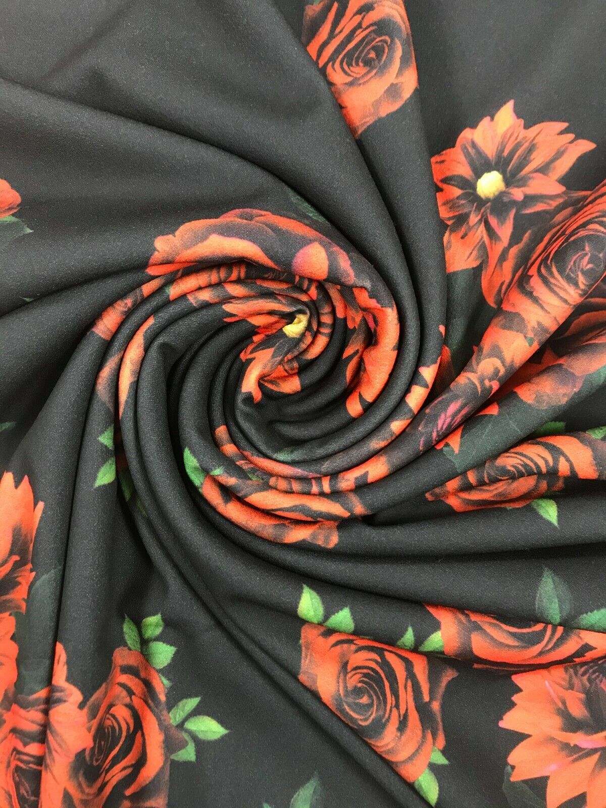 Red & Black Rose Printed Scuba Crepe Jersey Fabric 4 Way Stretch - T9 Fabrics