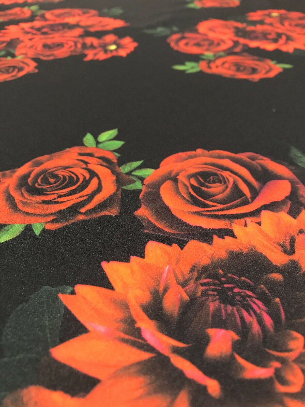 Red & Black Rose Printed Scuba Crepe Jersey Fabric 4 Way Stretch - T9 Fabrics