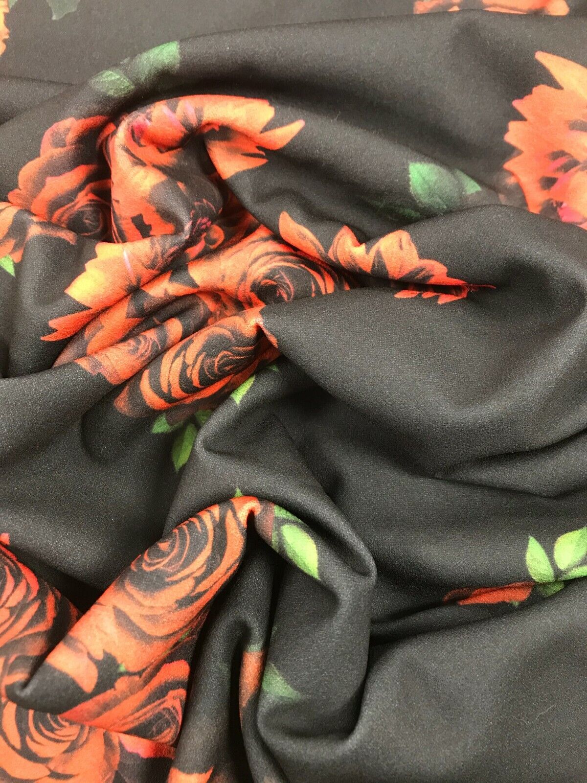 Red & Black Rose Printed Scuba Crepe Jersey Fabric 4 Way Stretch - T9 Fabrics