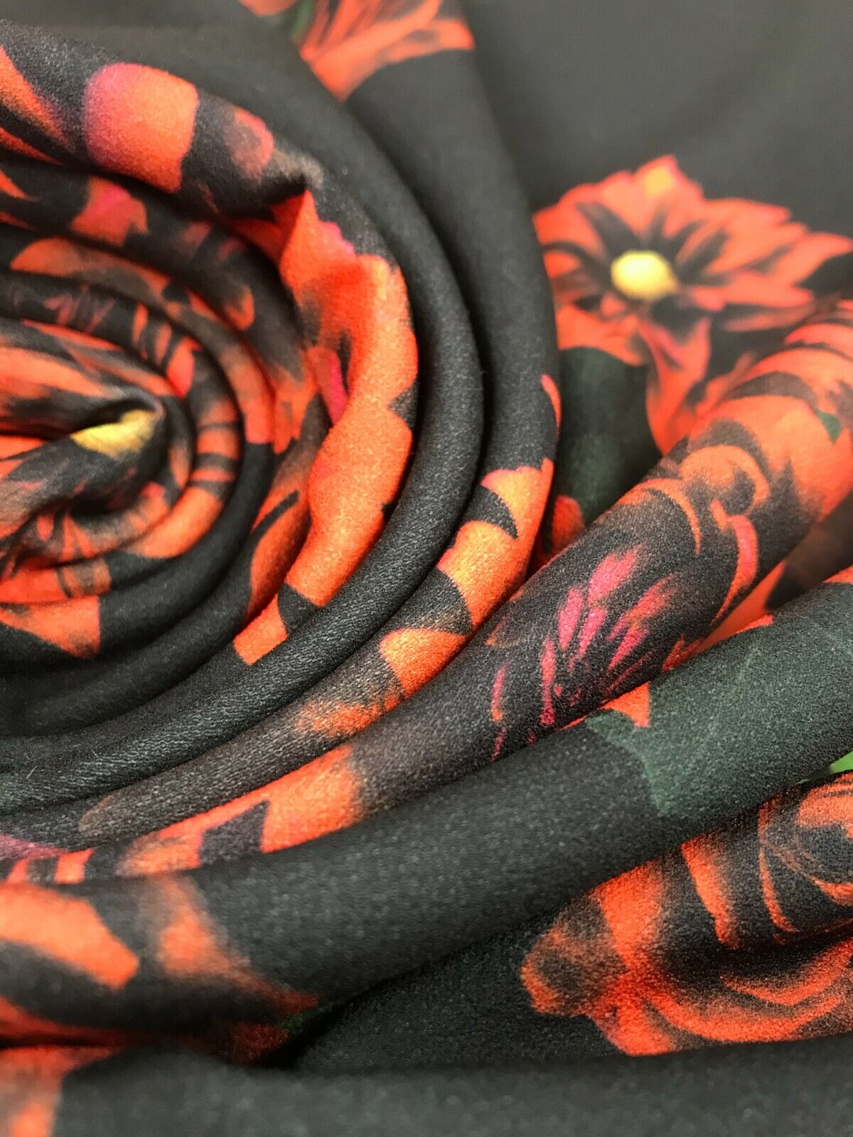 Red & Black Rose Printed Scuba Crepe Jersey Fabric 4 Way Stretch - T9 Fabrics