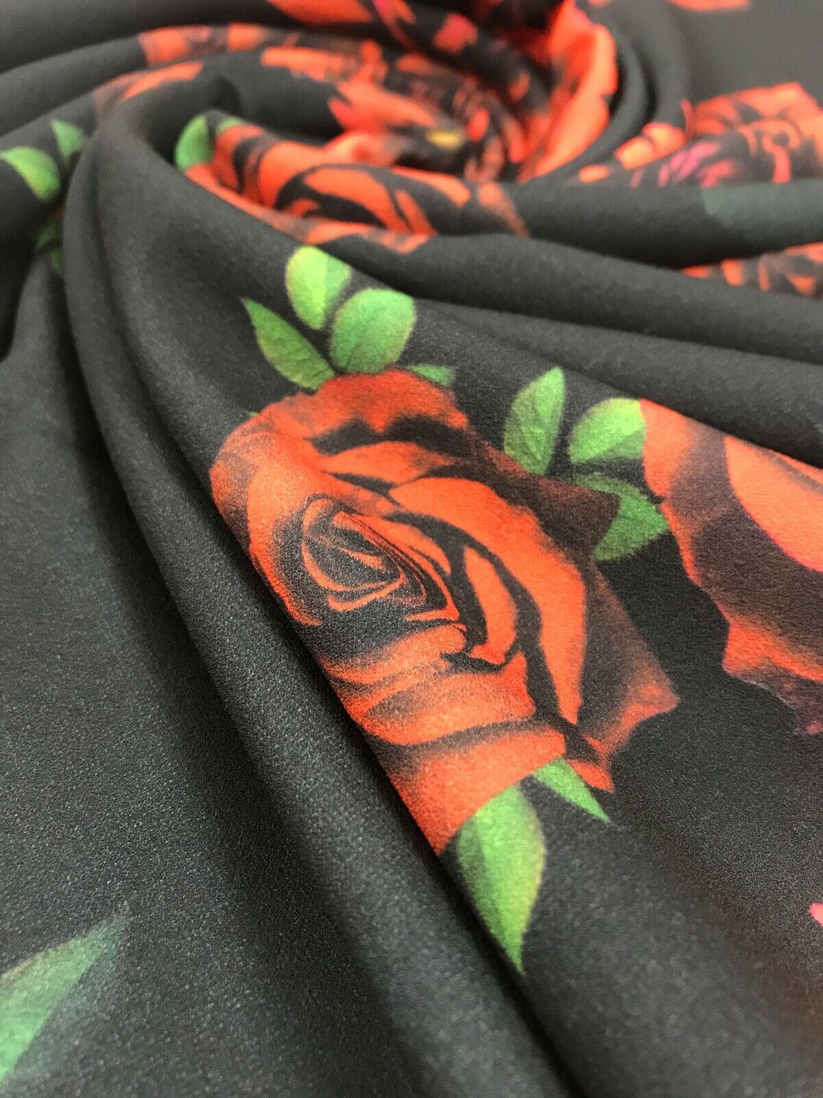 Red & Black Rose Printed Scuba Crepe Jersey Fabric 4 Way Stretch - T9 Fabrics