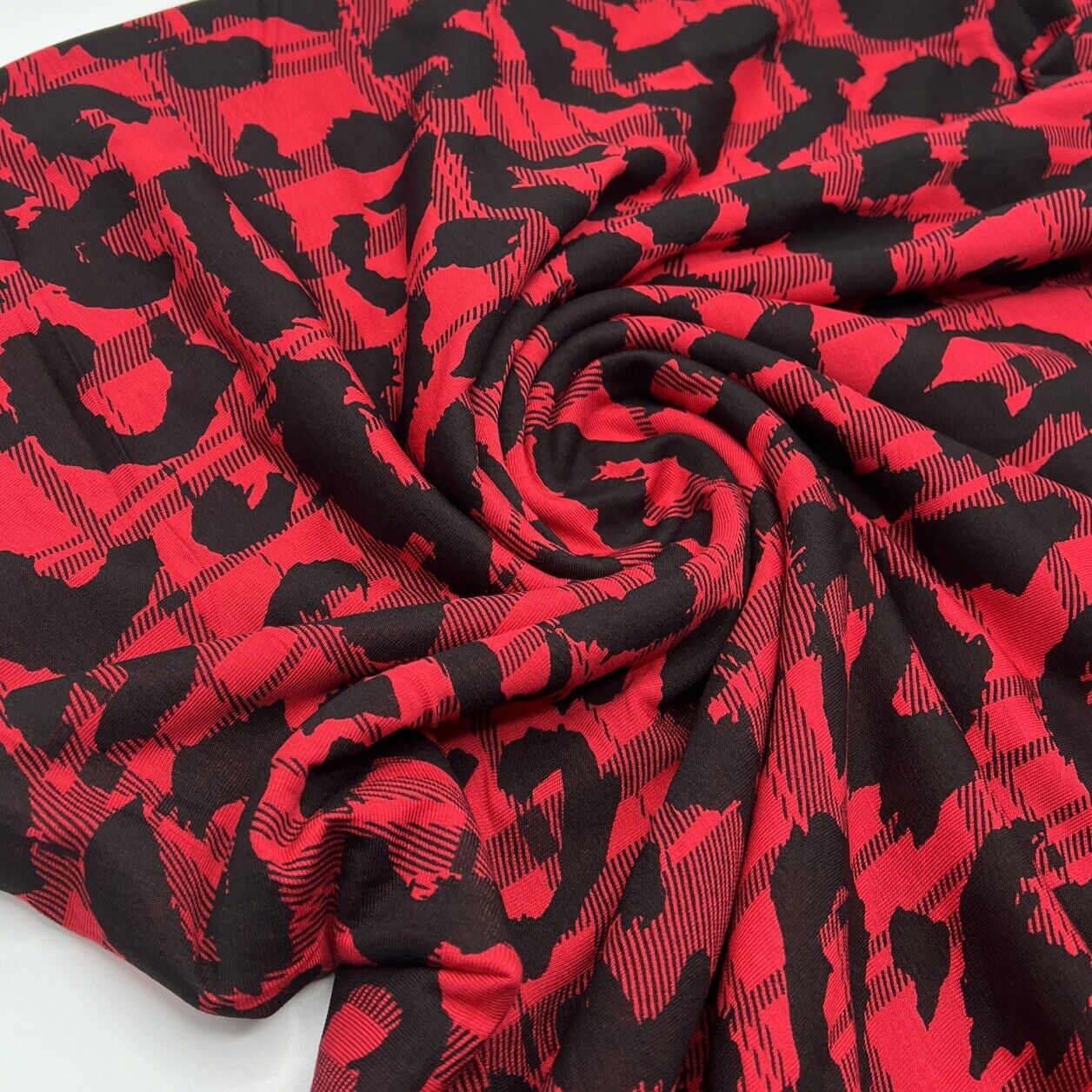 Red Black Tartan Print Black Viscose Elastane Fabric - T9 Fabrics