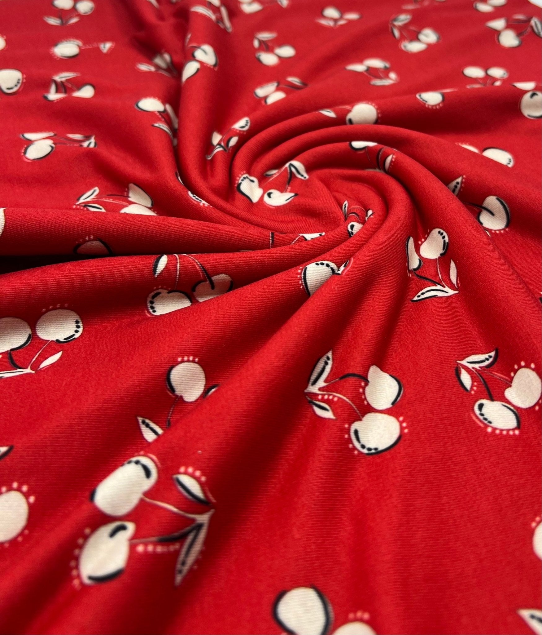 Red Cherry Print Super Soft Spun Poly Stretch Fabric - T9 Fabrics