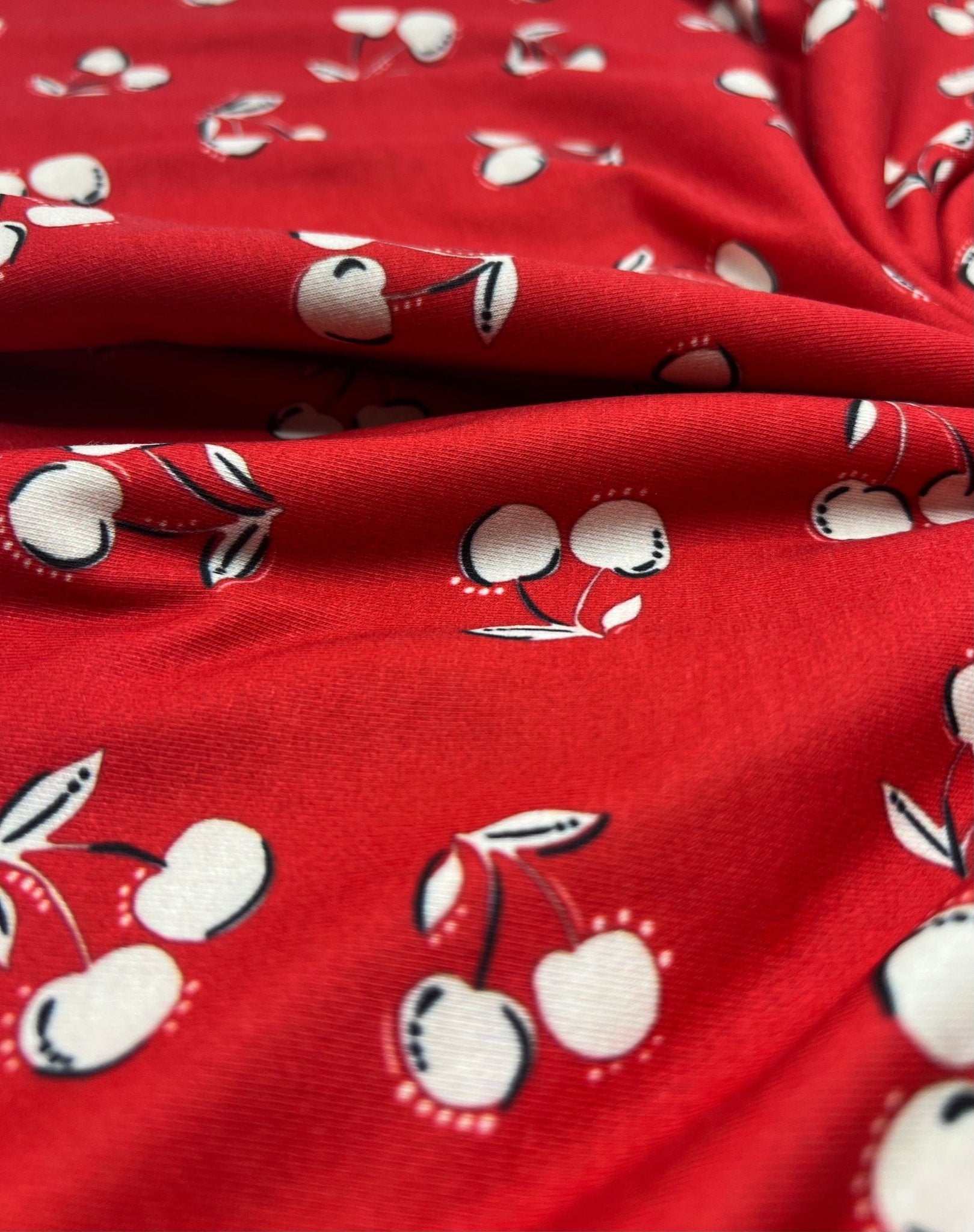 Red Cherry Print Super Soft Spun Poly Stretch Fabric - T9 Fabrics