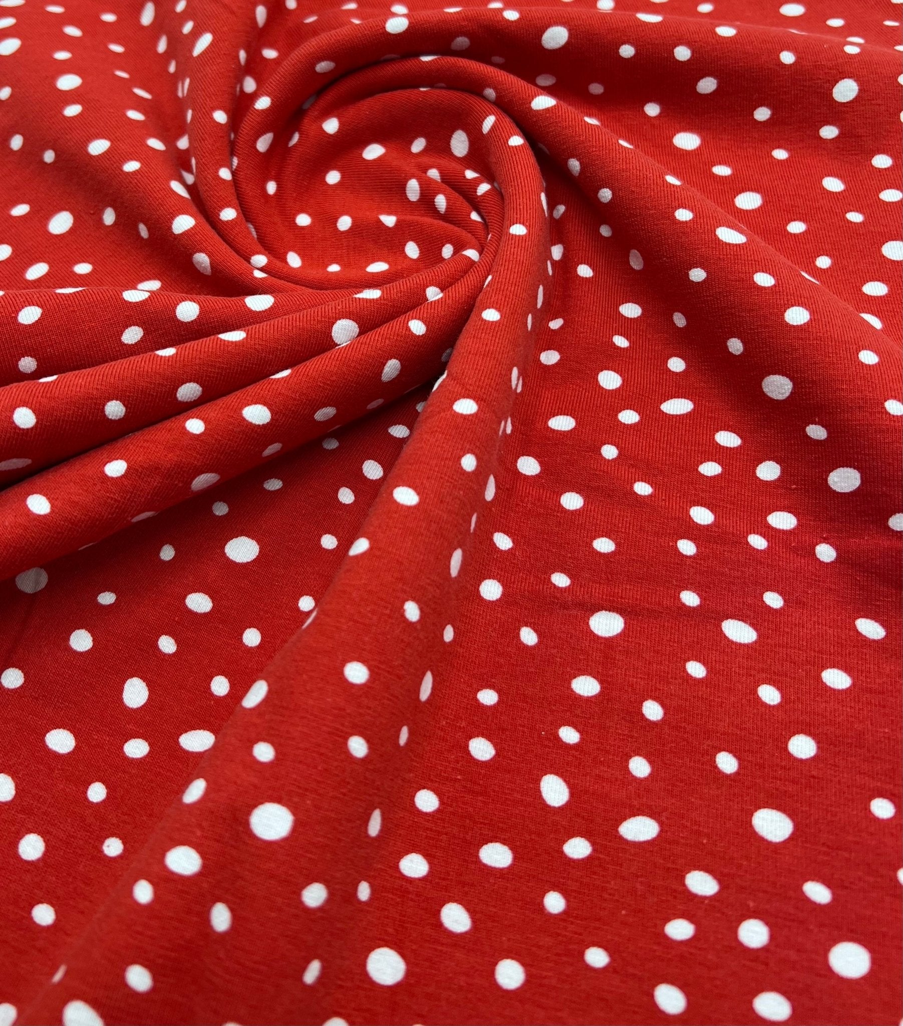 Red Dots Cotton Stretch Jersey 200 GSM 95/5 Lycra 4 Way Stretch - T9 Fabrics