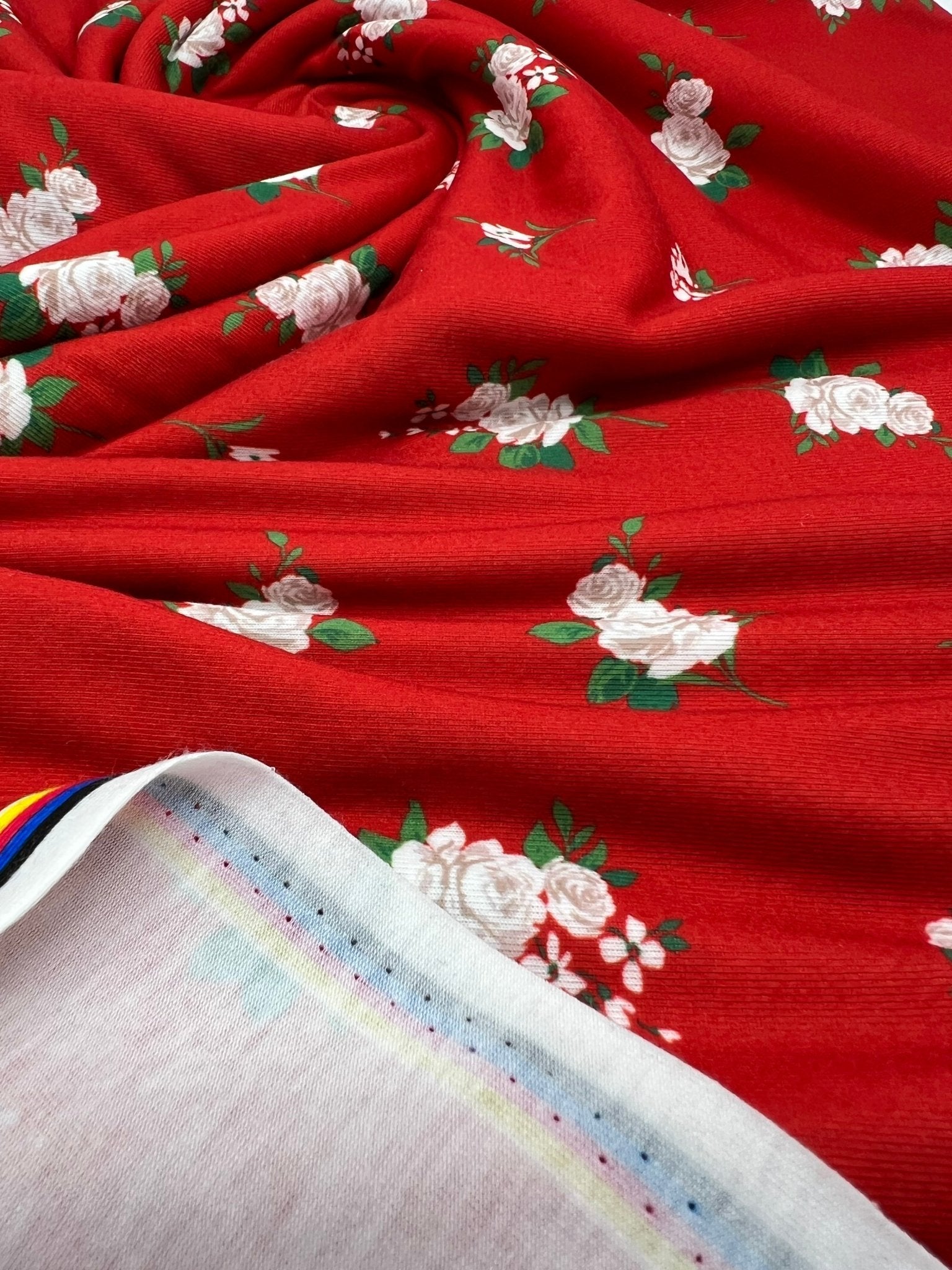 Red Floral Print Spun Poly Stretch Fabric - T9 Fabrics