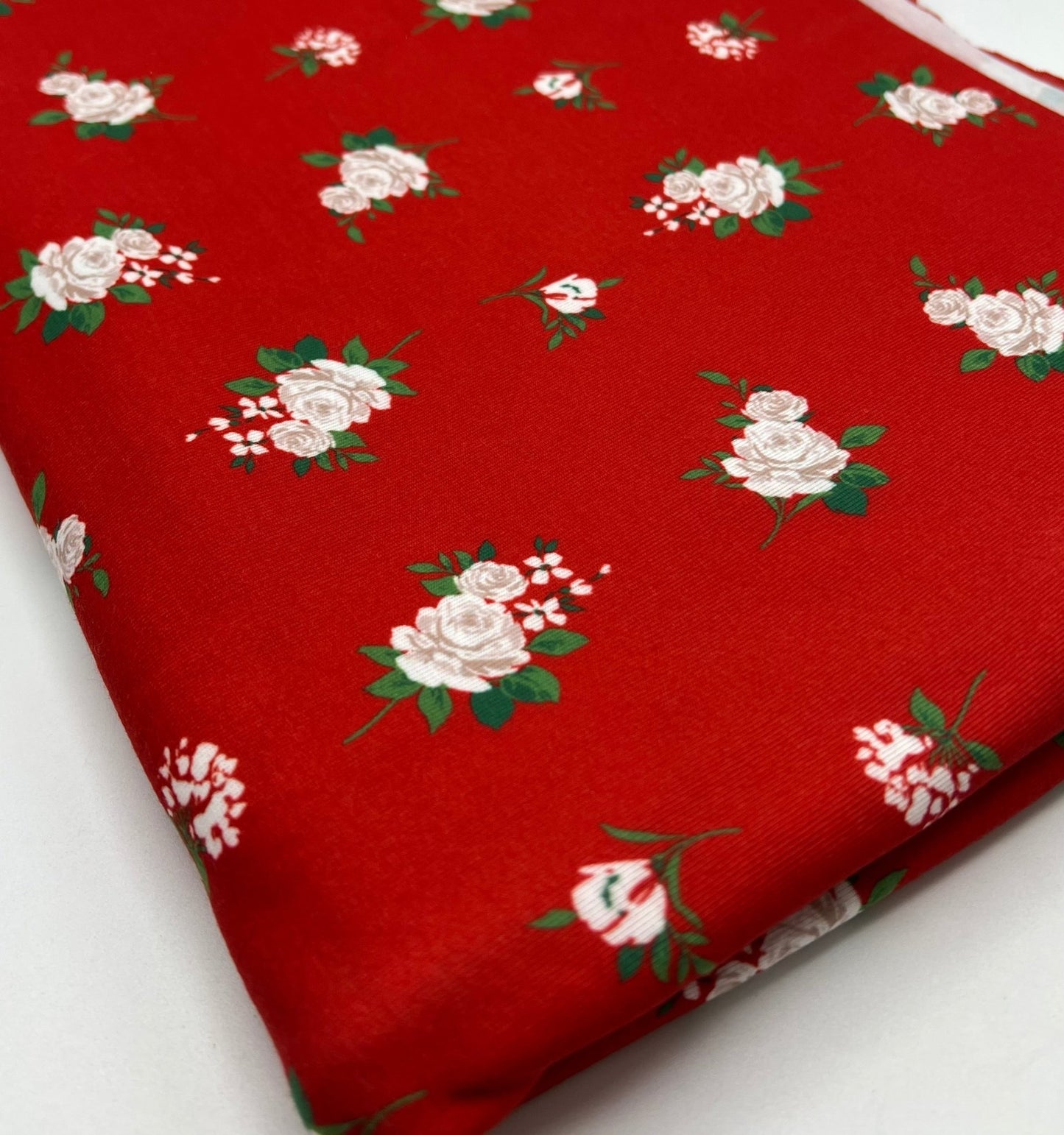 Red Floral Print Spun Poly Stretch Fabric - T9 Fabrics