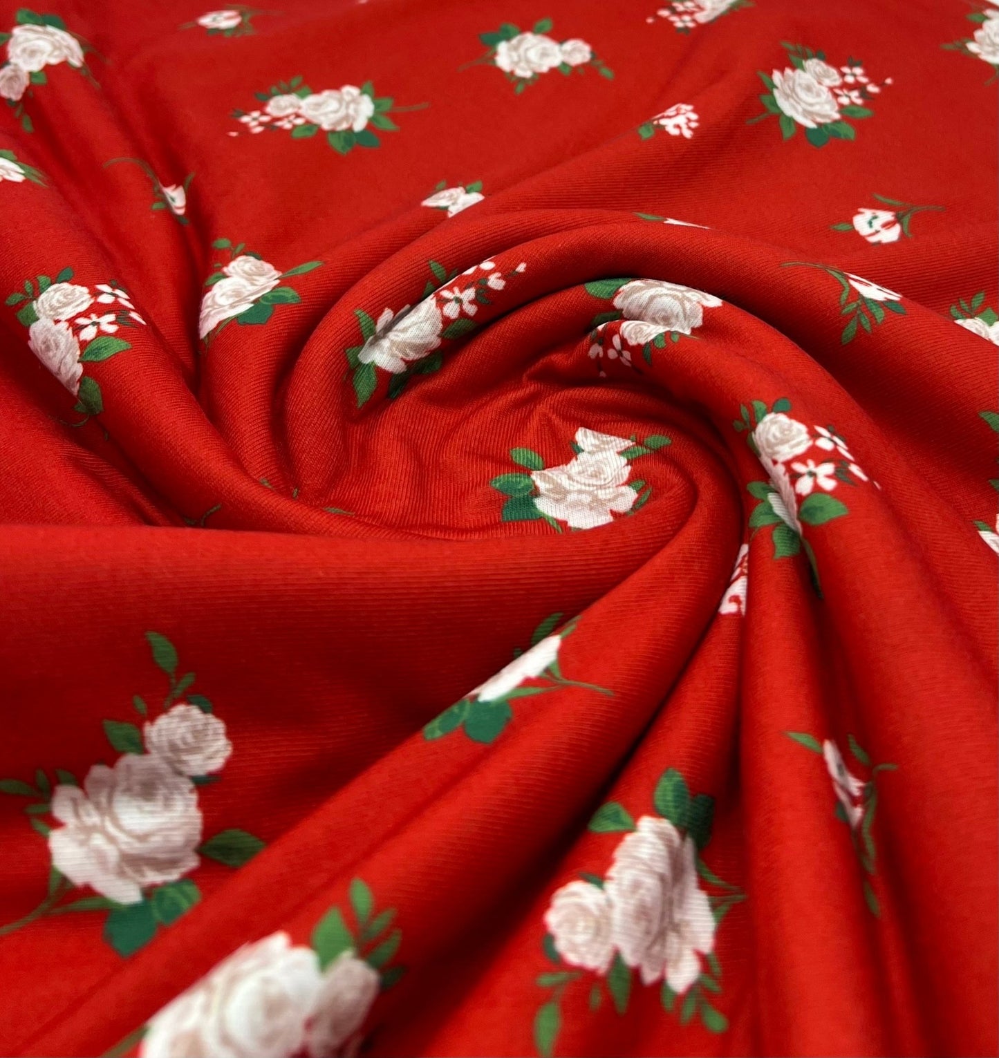 Red Floral Print Spun Poly Stretch Fabric - T9 Fabrics